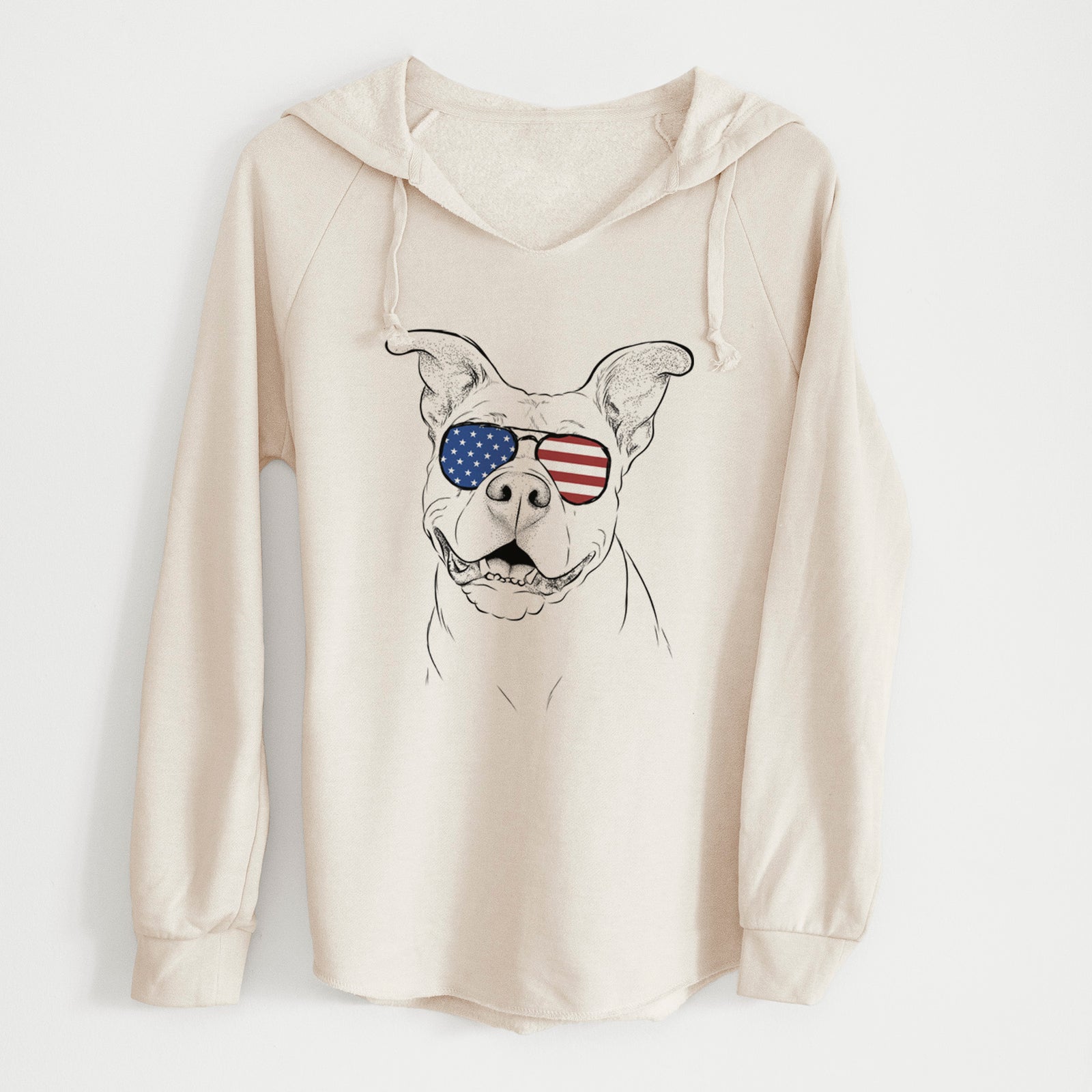 Hand-drawn sketch of Malibu the Staffordshire Terrier/Pitbull Mix wearing American flag sunglasses on a Bone Cali Wave Hooded Sweatshirt