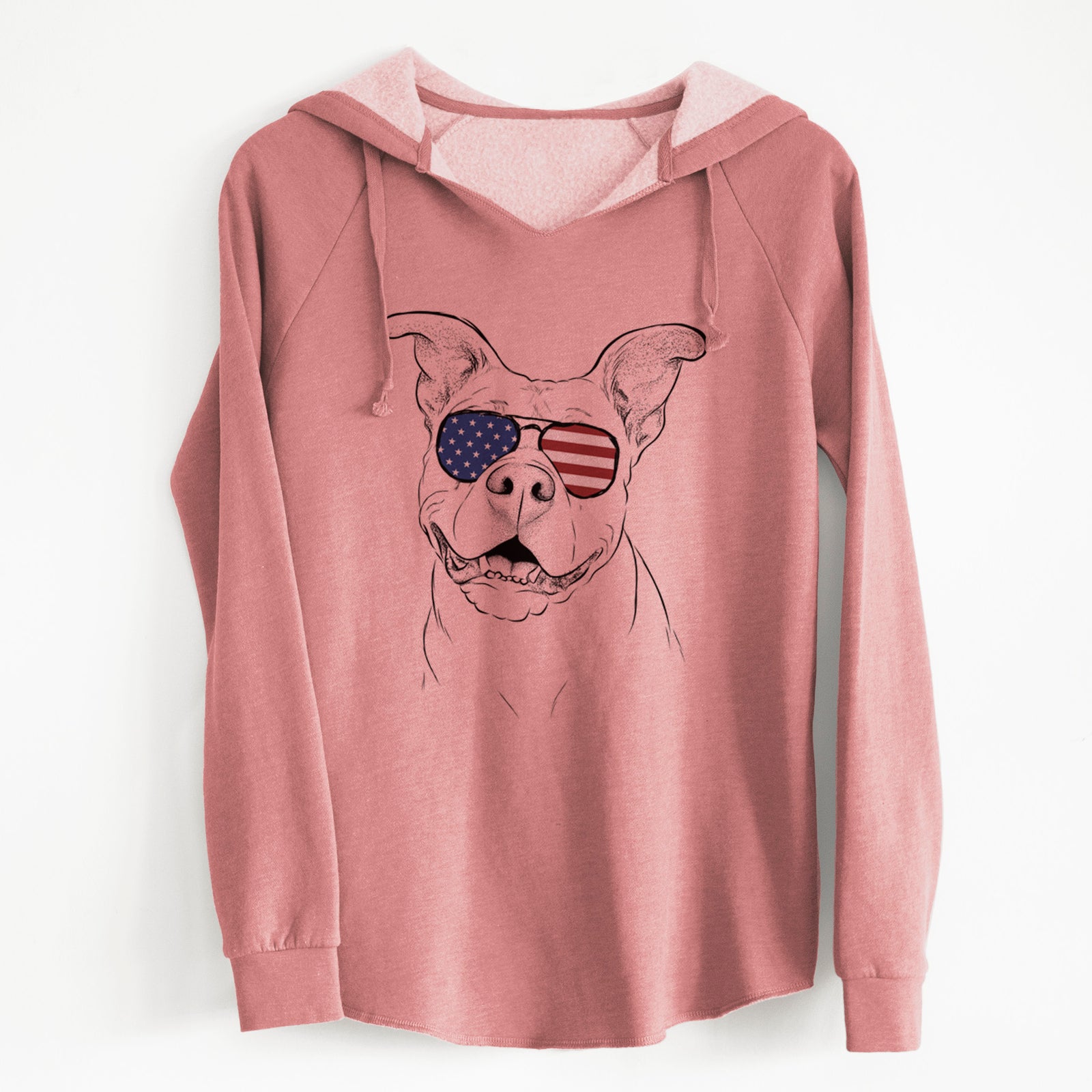 Hand-drawn sketch of Malibu the Staffordshire Terrier/Pitbull Mix wearing American flag sunglasses on a Dusty Rose Cali Wave Hooded Sweatshirt