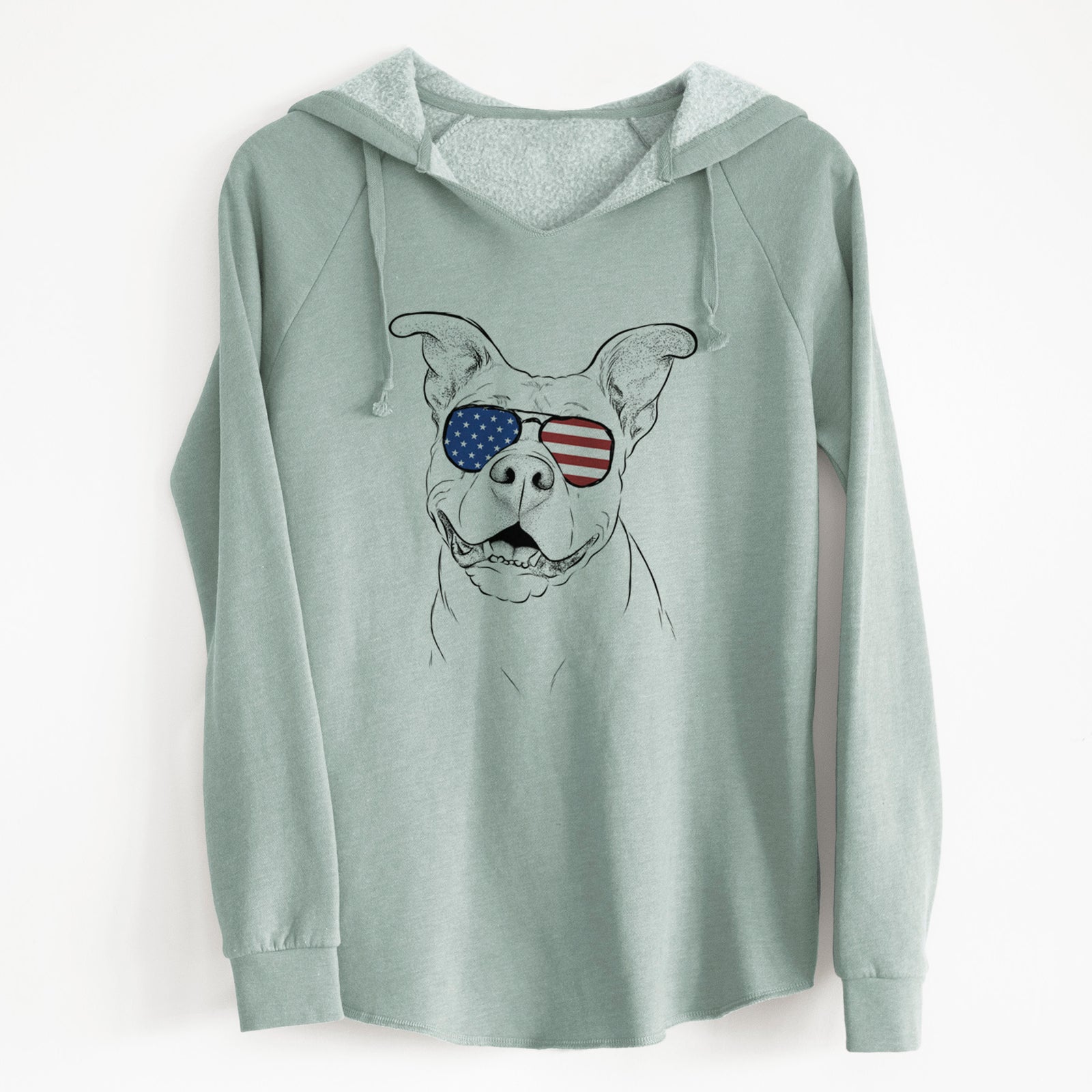 Hand-drawn sketch of Malibu the Staffordshire Terrier/Pitbull Mix wearing American flag sunglasses on a Sage Cali Wave Hooded Sweatshirt