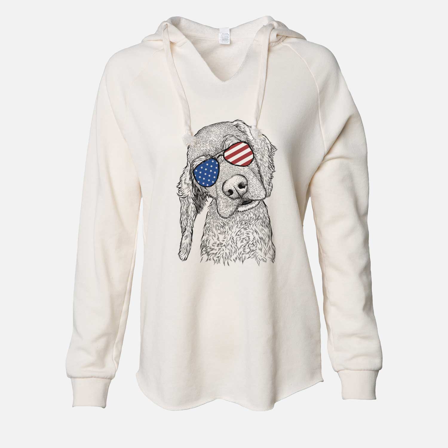 Hand-drawn sketch of Mambo #5 the Cocker Spaniel wearing American flag sunglasses on a Bone Cali Wave Hooded Sweatshirt
