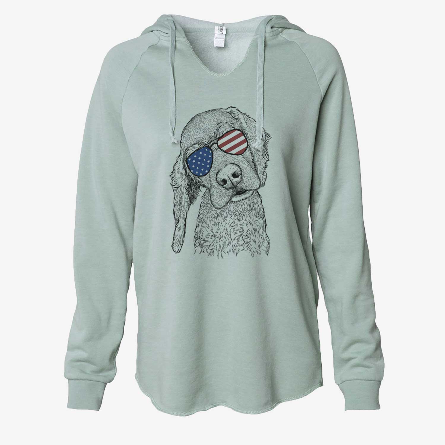 Hand-drawn sketch of Mambo #5 the Cocker Spaniel wearing American flag sunglasses on a Sage Cali Wave Hooded Sweatshirt