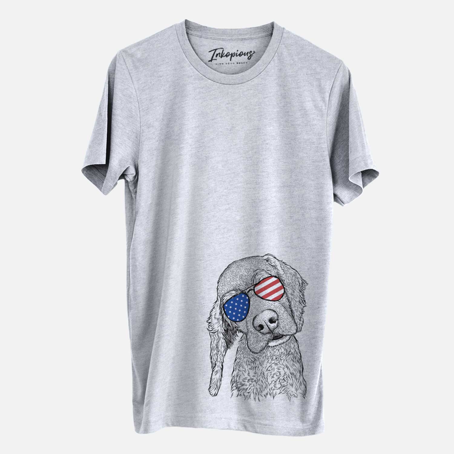 Hand-drawn sketch of Mambo #5 the Cocker Spaniel wearing American flag sunglasses on a Grey Unisex crewneck
