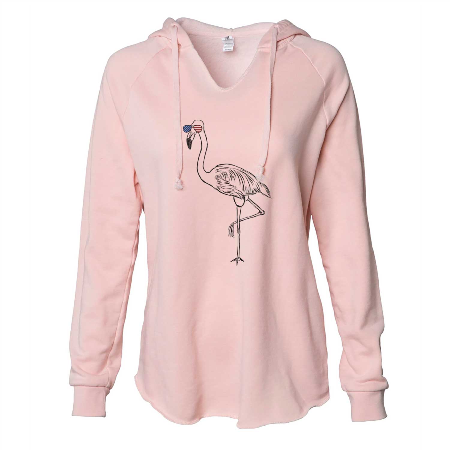 Hand-drawn sketch of Mango the Flamingo wearing American flag sunglasses on a Blush Cali Wave Hooded Sweatshirt