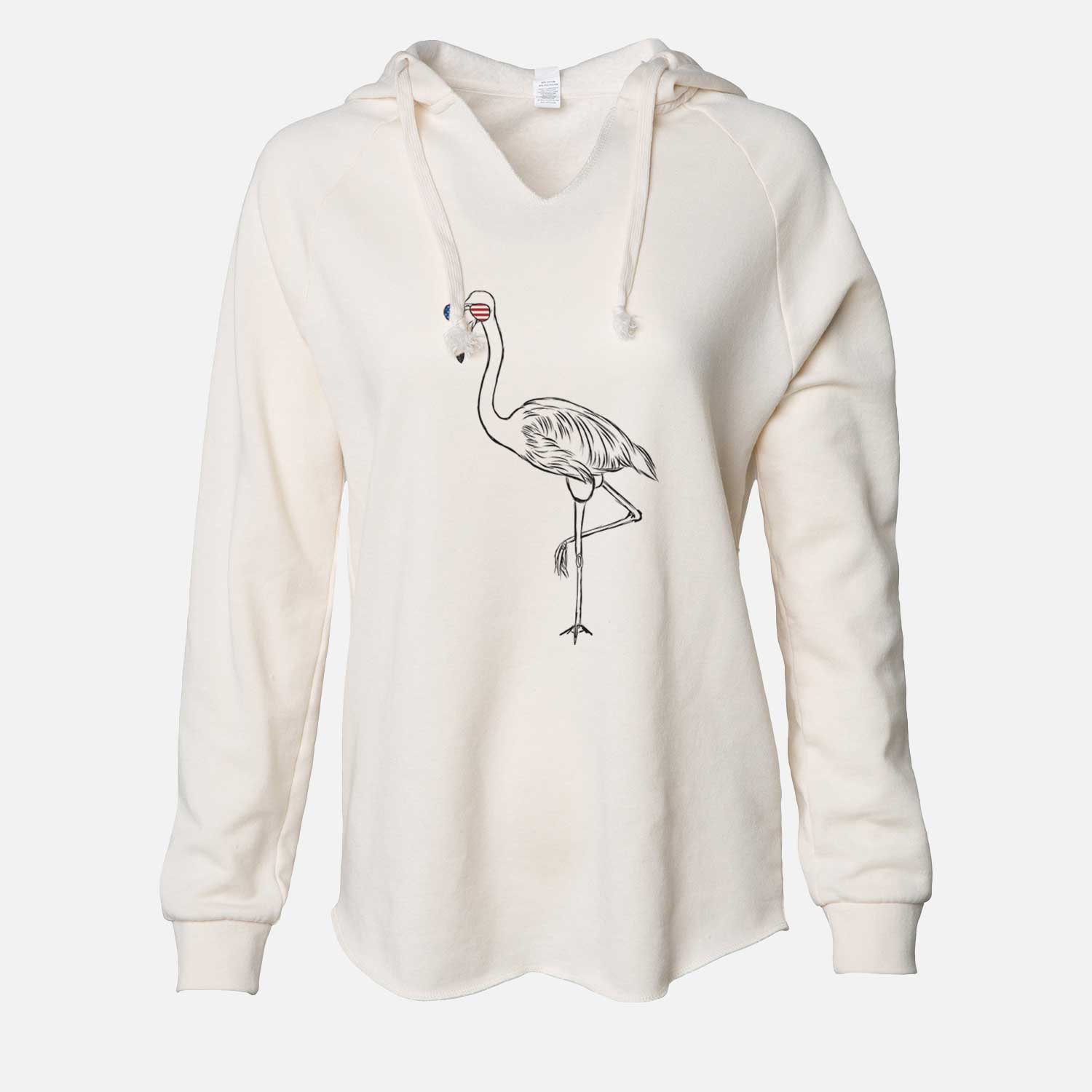 Hand-drawn sketch of Mango the Flamingo wearing American flag sunglasses on a Bone Cali Wave Hooded Sweatshirt