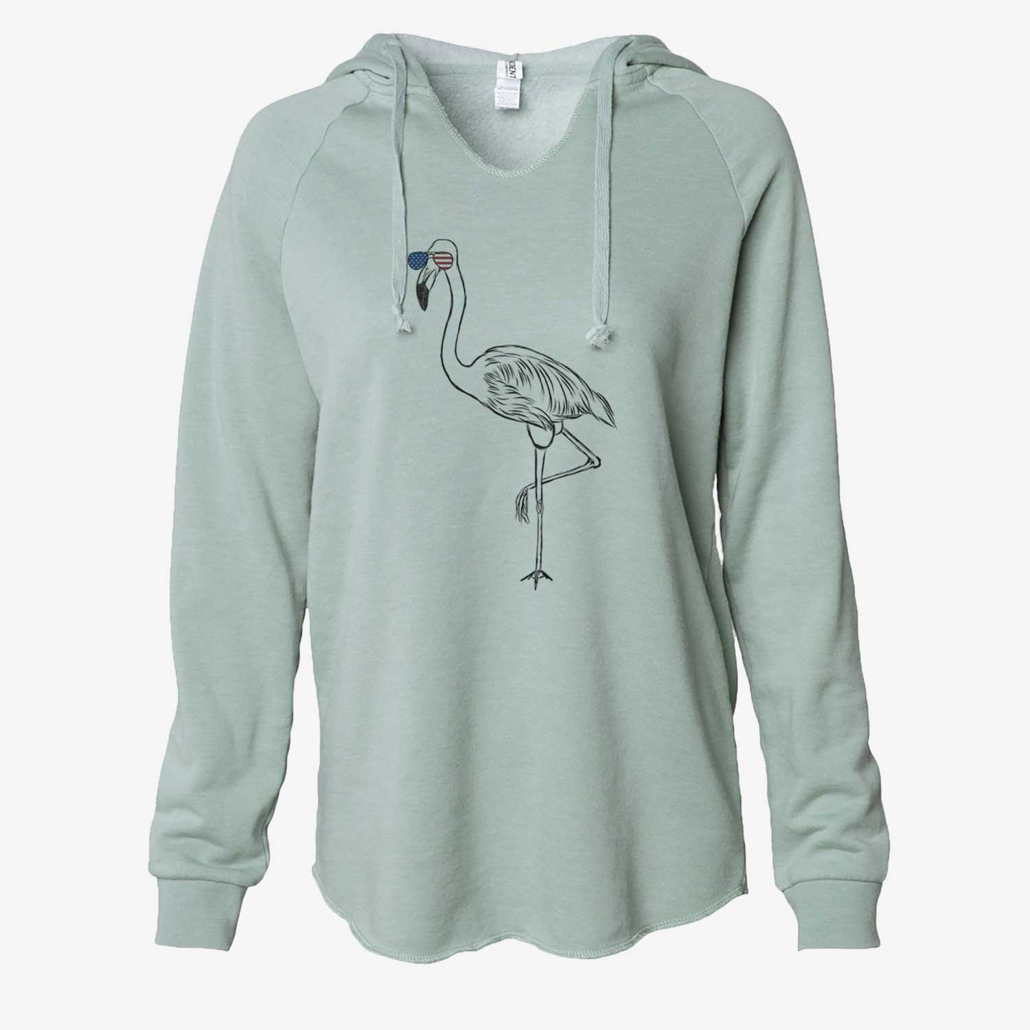 Hand-drawn sketch of Mango the Flamingo wearing American flag sunglasses on a Sage Cali Wave Hooded Sweatshirt