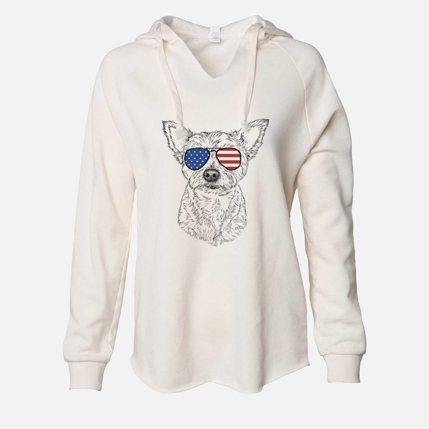 Hand-drawn sketch of Mango the Yorker Cairn Terrier Mix wearing American flag sunglasses on a Bone Cali Wave Hooded Sweatshirt