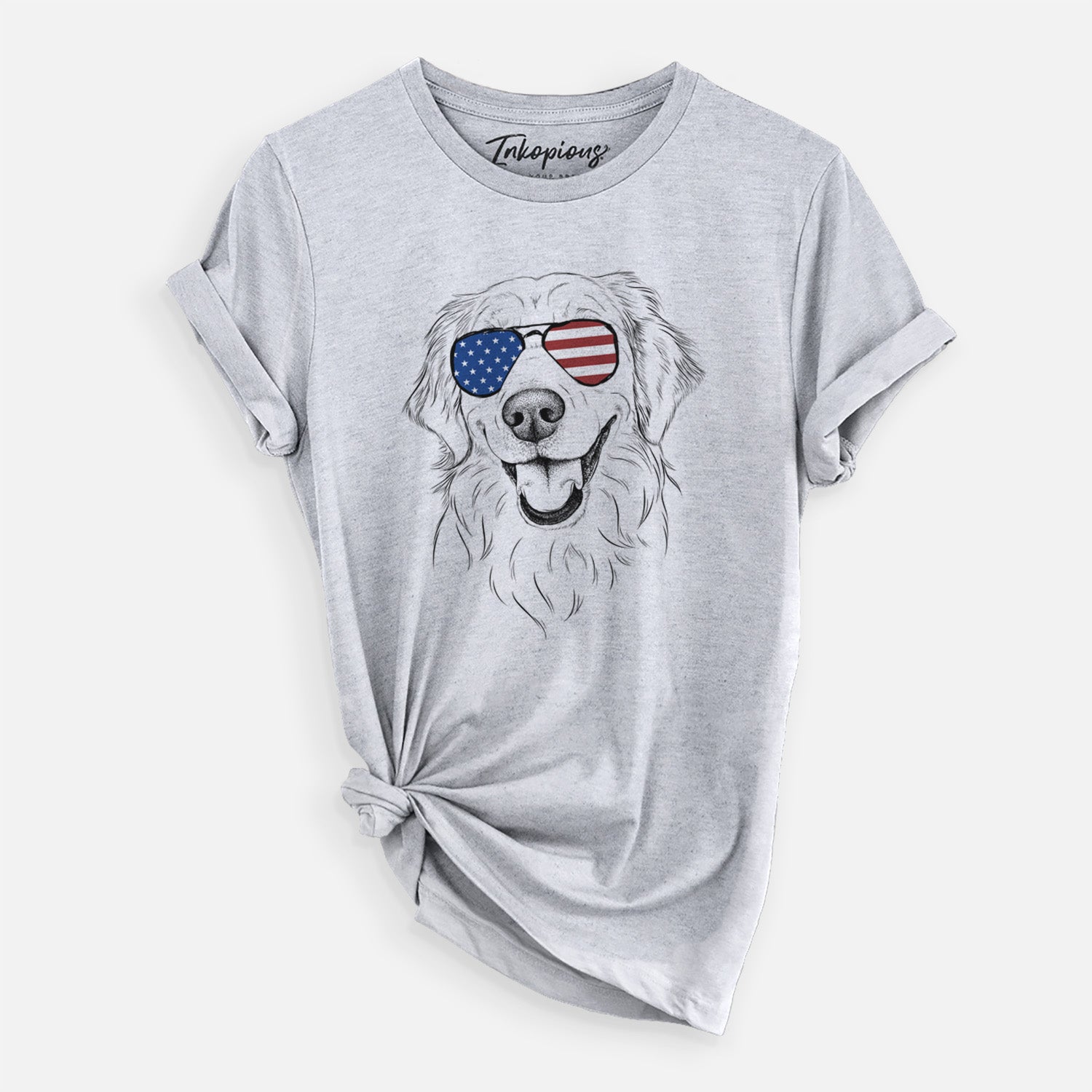 Hand-drawn sketch of Maple the Golden Retriever wearing American flag sunglasses on a Grey Unisex crewneck