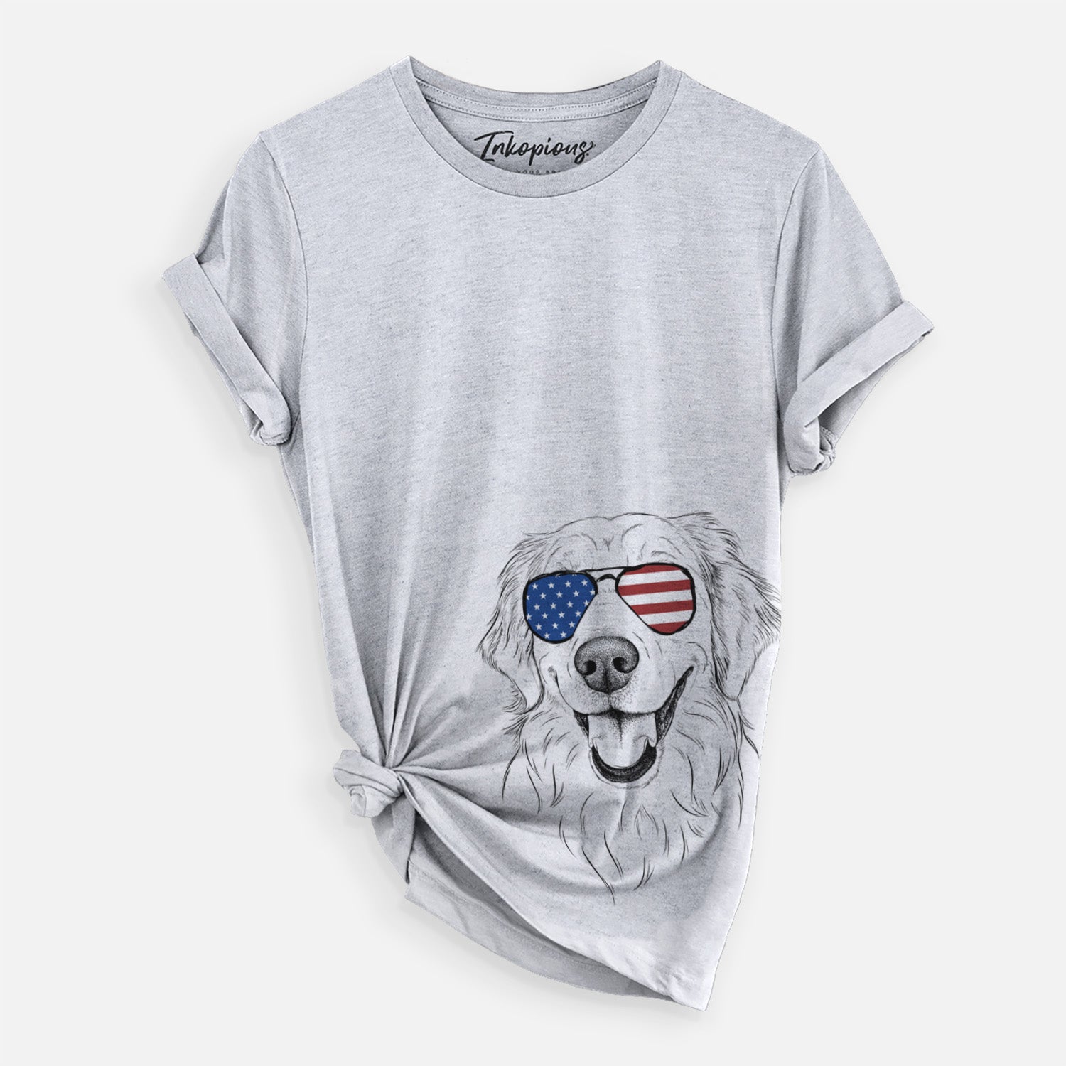 Hand-drawn sketch of Maple the Golden Retriever wearing American flag sunglasses on a Grey Unisex crewneck