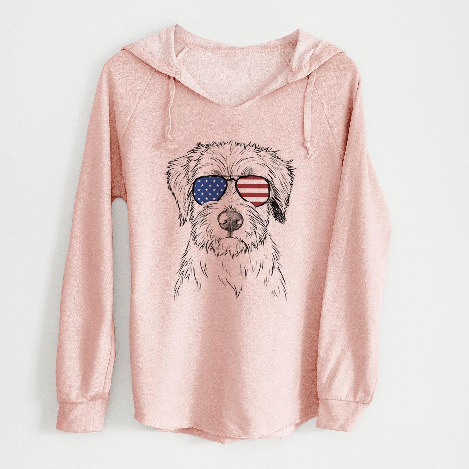 Hand-drawn sketch of Marek the Bernedoodle wearing American flag sunglasses on a Blush Cali Wave Hooded Sweatshirt