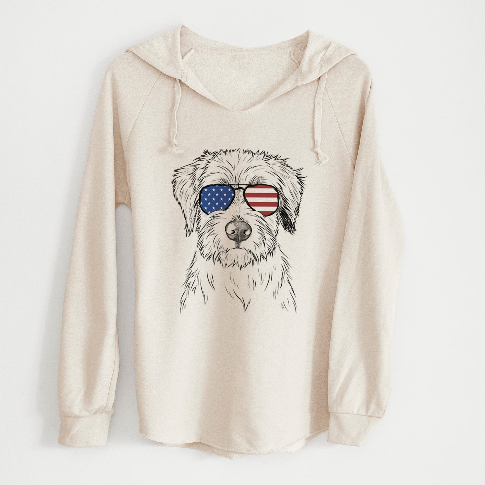 Hand-drawn sketch of Marek the Bernedoodle wearing American flag sunglasses on a Bone Cali Wave Hooded Sweatshirt