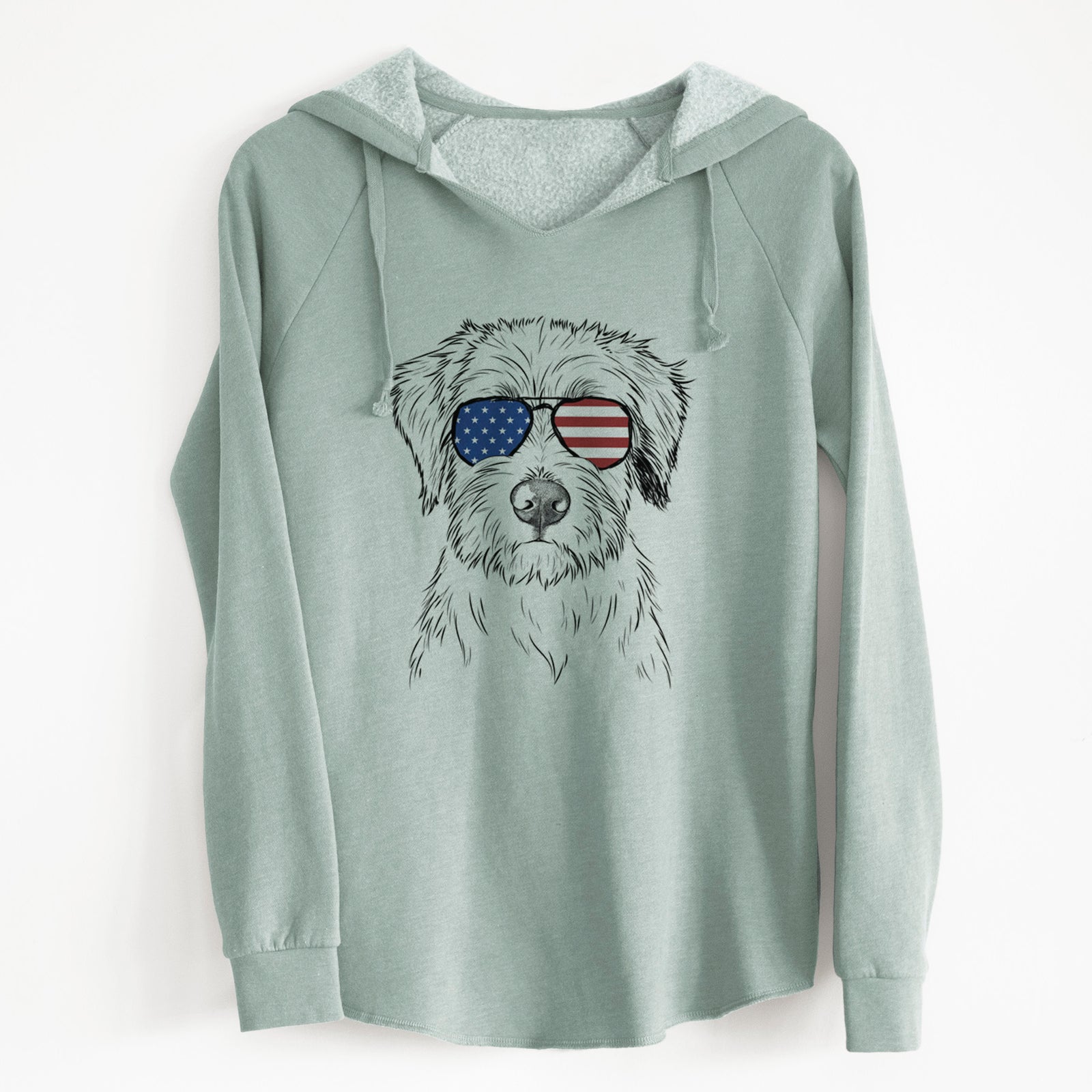 Hand-drawn sketch of Marek the Bernedoodle wearing American flag sunglasses on a Sage Cali Wave Hooded Sweatshirt