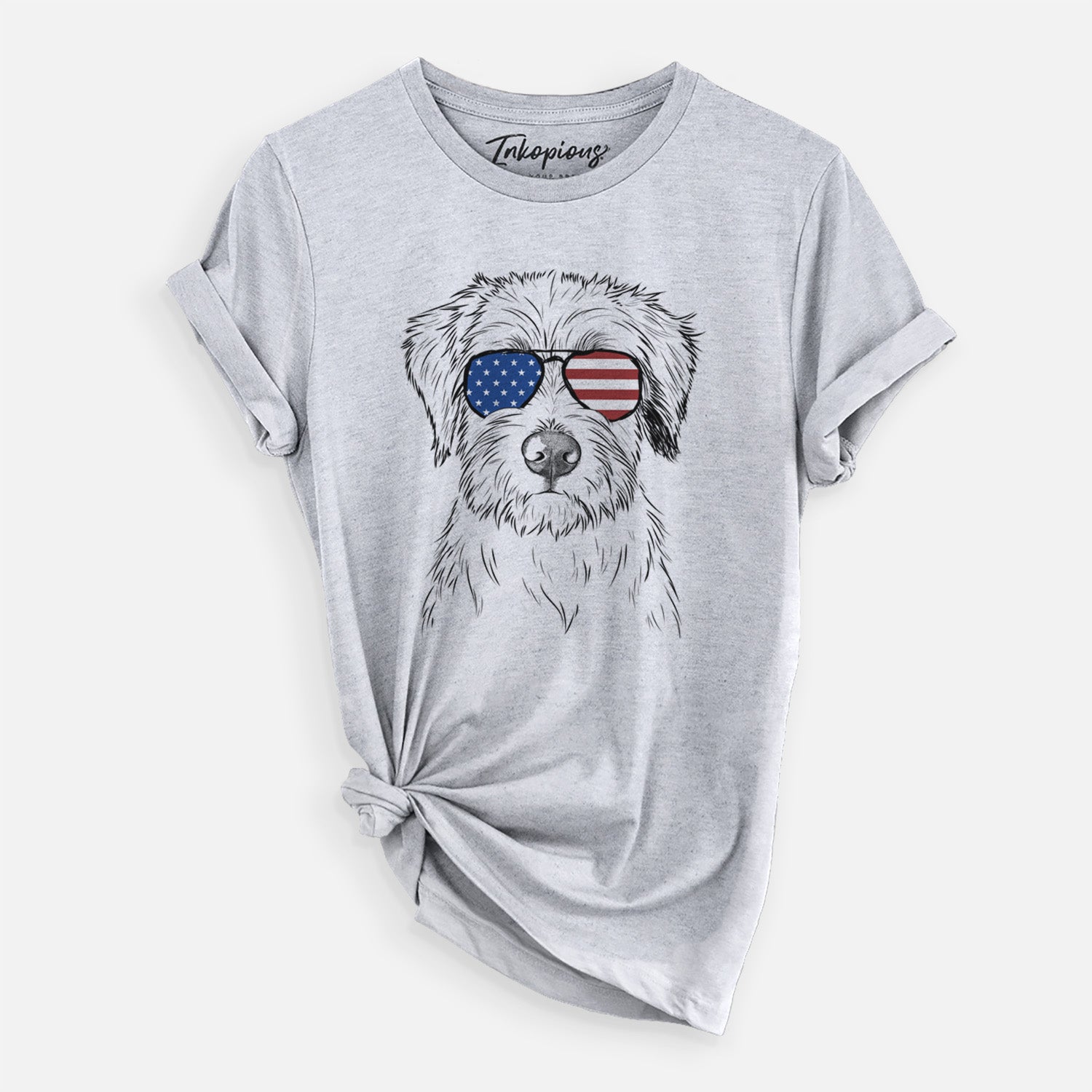 Hand-drawn sketch of Marek the Bernedoodle wearing American flag sunglasses on a Grey Unisex crewneck