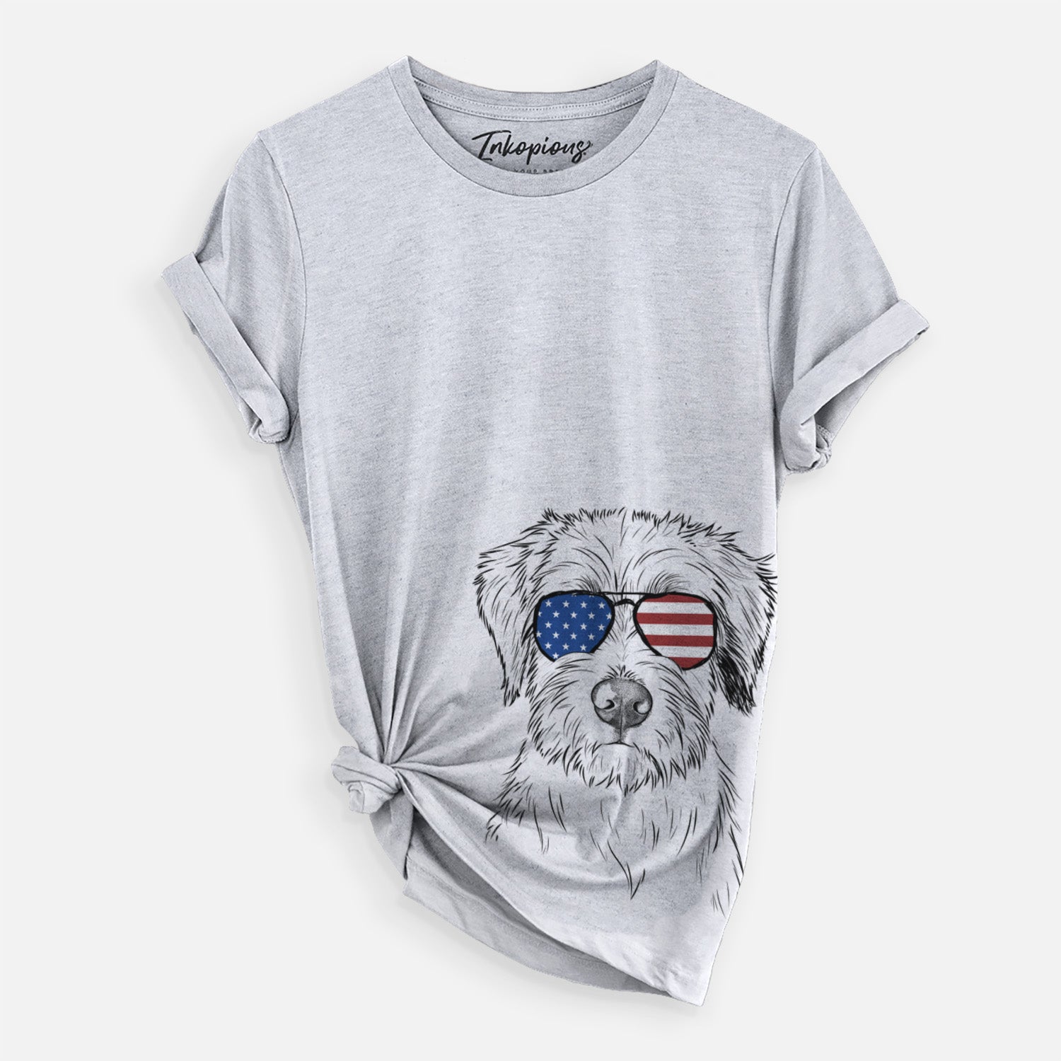 Hand-drawn sketch of Marek the Bernedoodle wearing American flag sunglasses on a Grey Unisex crewneck