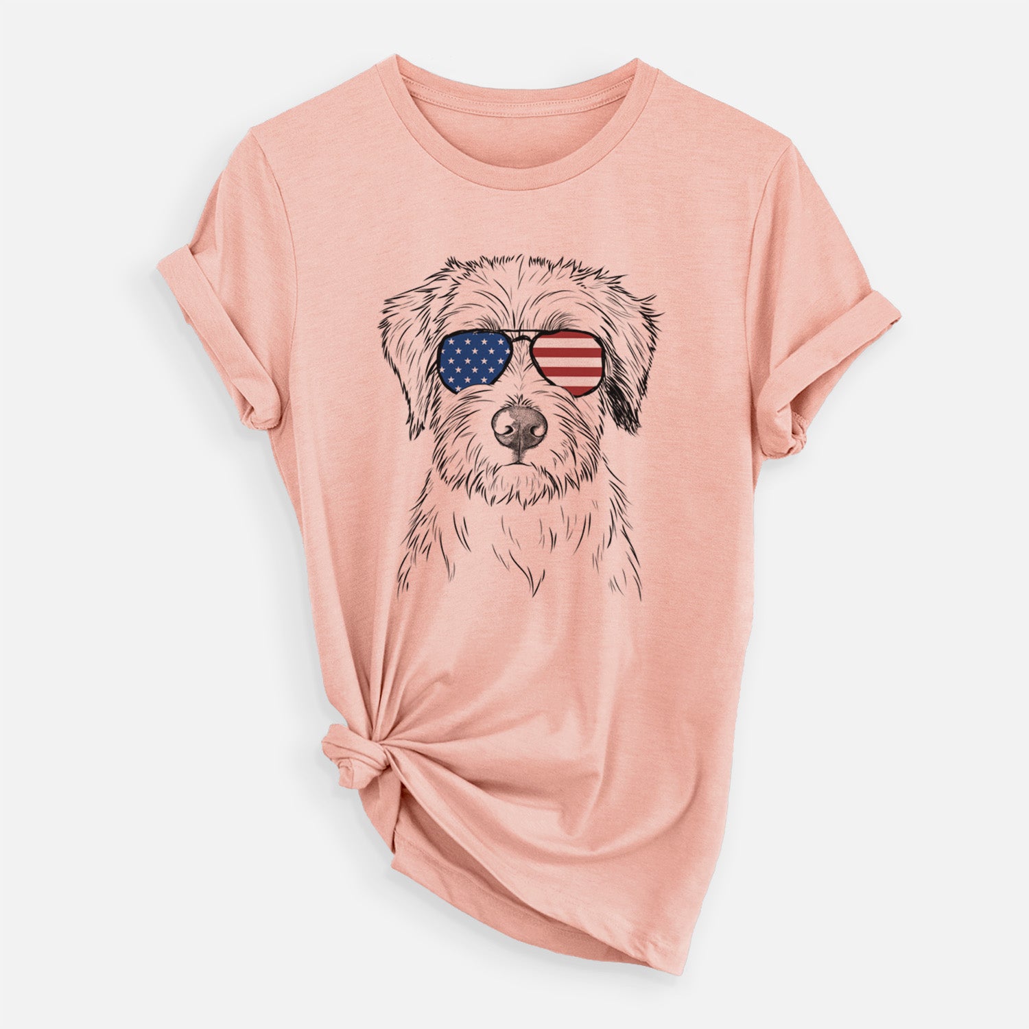 Hand-drawn sketch of Marek the Bernedoodle wearing American flag sunglasses on a Peach Unisex crewneck