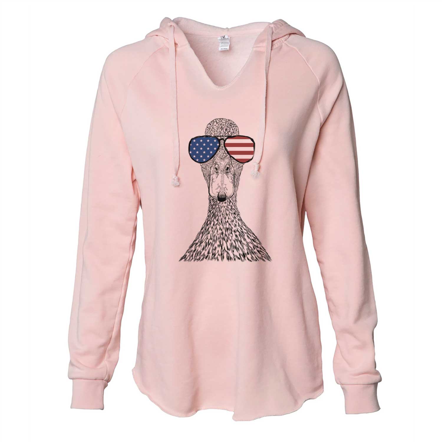 Hand-drawn sketch of Marge the Mallard Duck wearing American flag sunglasses on a Blush Cali Wave Hooded Sweatshirt