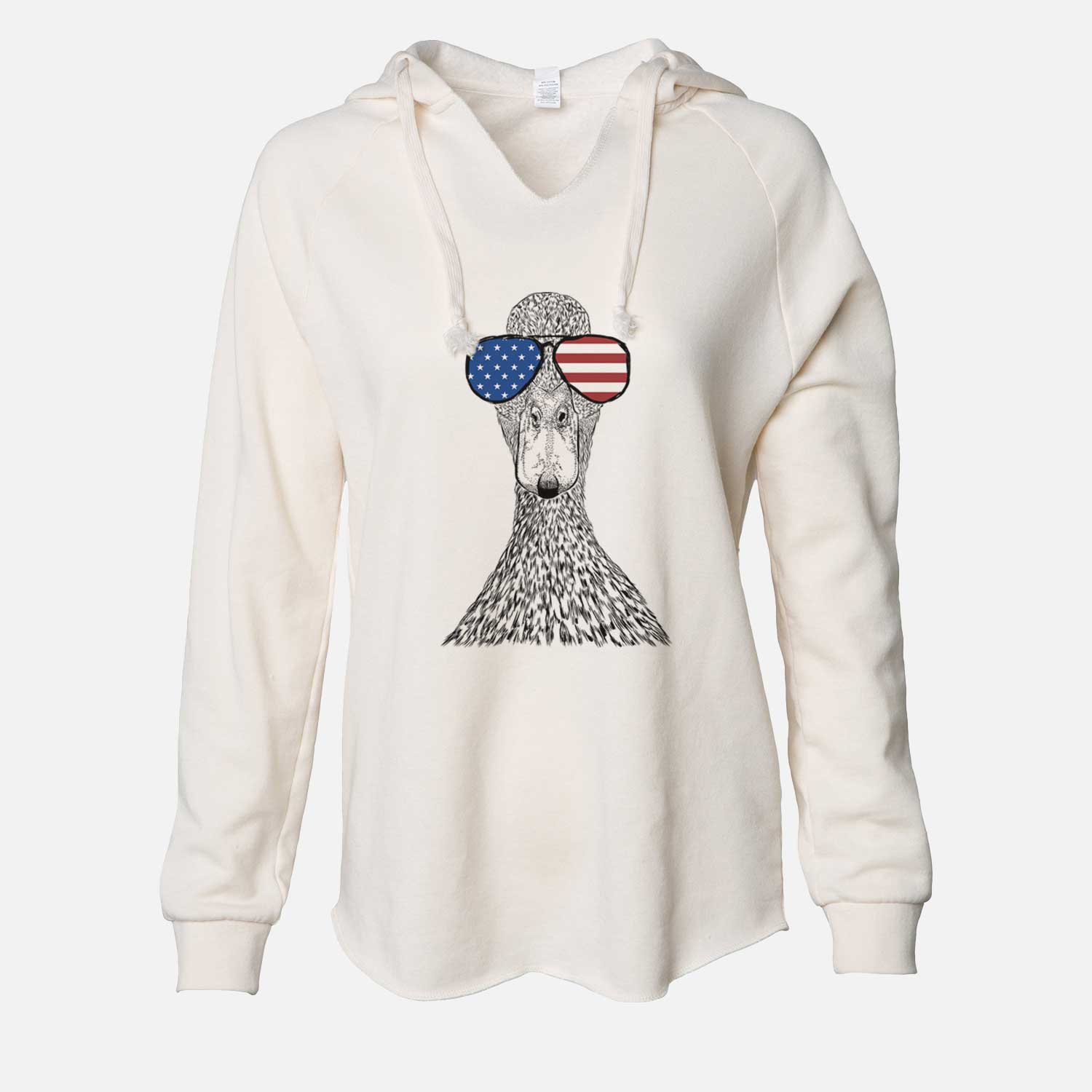Hand-drawn sketch of Marge the Mallard Duck wearing American flag sunglasses on a Bone Cali Wave Hooded Sweatshirt