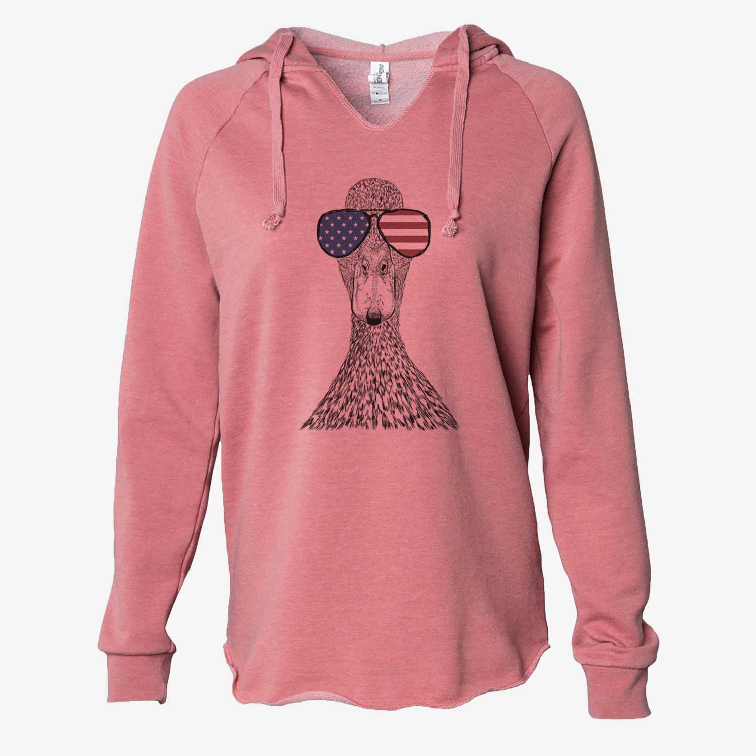 Hand-drawn sketch of Marge the Mallard Duck wearing American flag sunglasses on a Dusty Rose Cali Wave Hooded Sweatshirt
