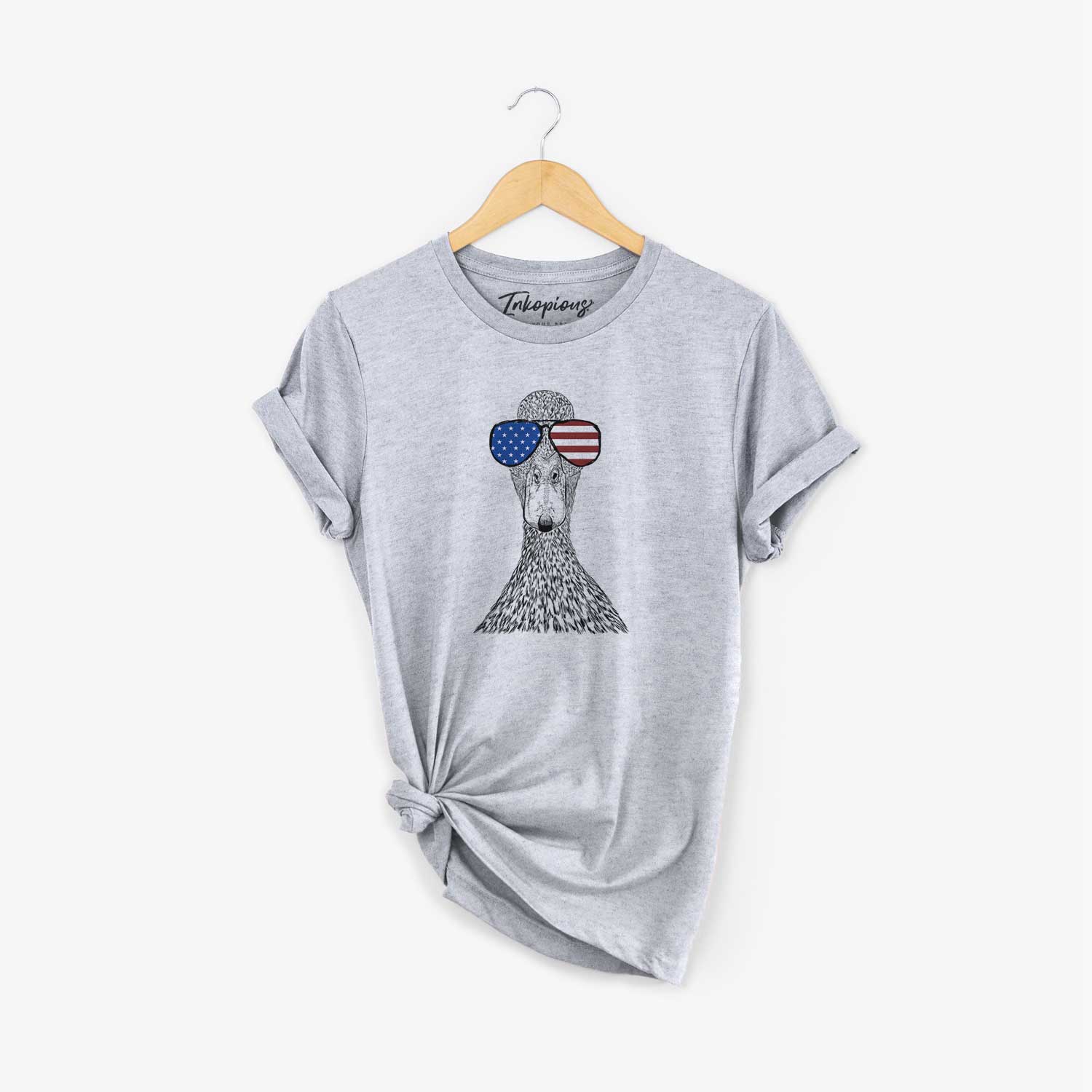 Hand-drawn sketch of Marge the Mallard Duck wearing American flag sunglasses on a Grey Unisex crewneck