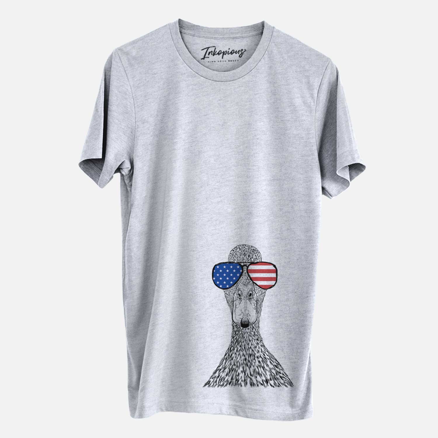 Hand-drawn sketch of Marge the Mallard Duck wearing American flag sunglasses on a Grey Unisex crewneck