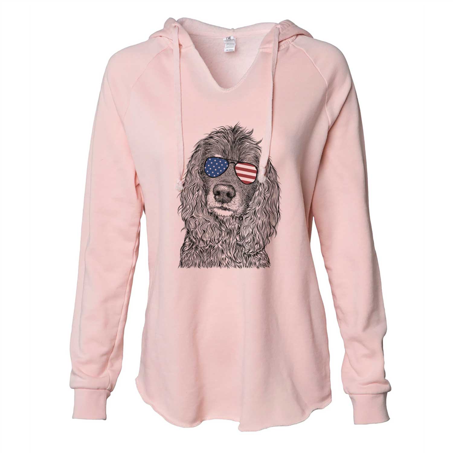 Hand-drawn sketch of Marley Boy the American Cocker Spaniel wearing American flag sunglasses on a Blush Cali Wave Hooded Sweatshirt