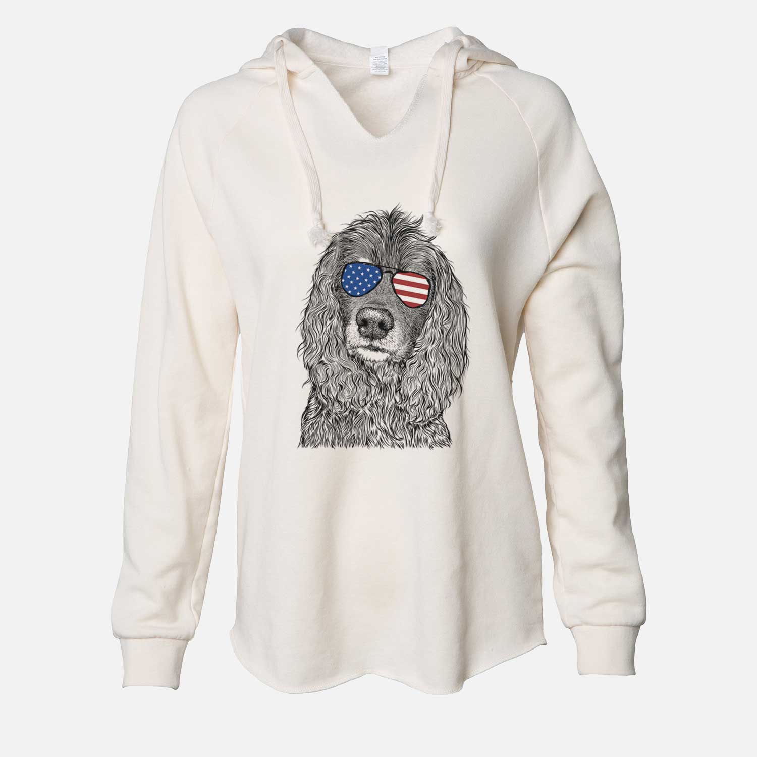 Hand-drawn sketch of Marley Boy the American Cocker Spaniel wearing American flag sunglasses on a Bone Cali Wave Hooded Sweatshirt