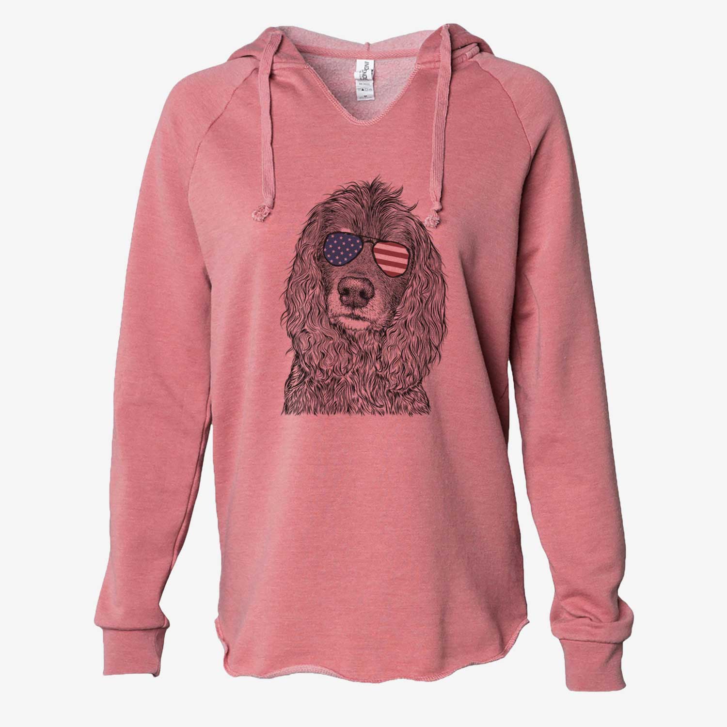 Hand-drawn sketch of Marley Boy the American Cocker Spaniel wearing American flag sunglasses on a Dusty Rose Cali Wave Hooded Sweatshirt