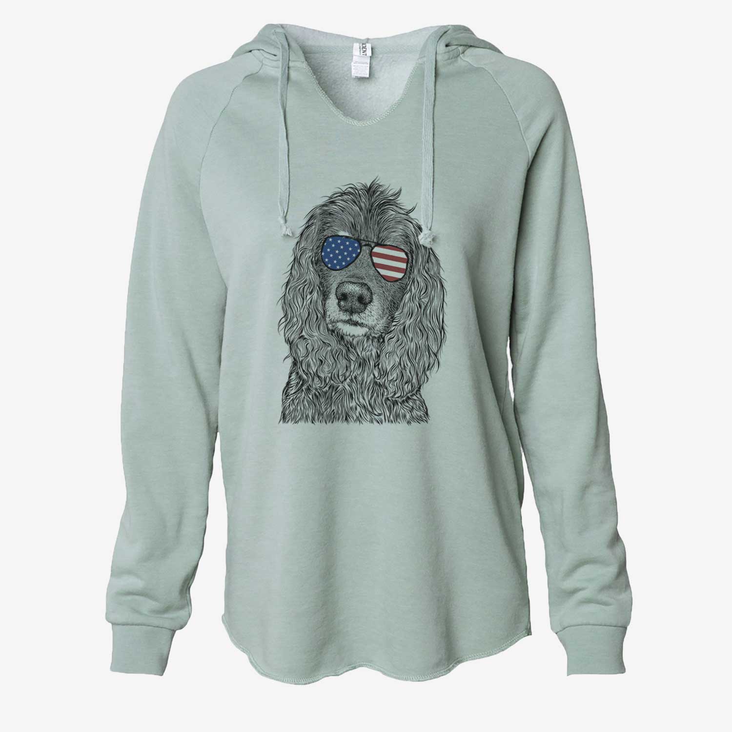 Hand-drawn sketch of Marley Boy the American Cocker Spaniel wearing American flag sunglasses on a Sage Cali Wave Hooded Sweatshirt