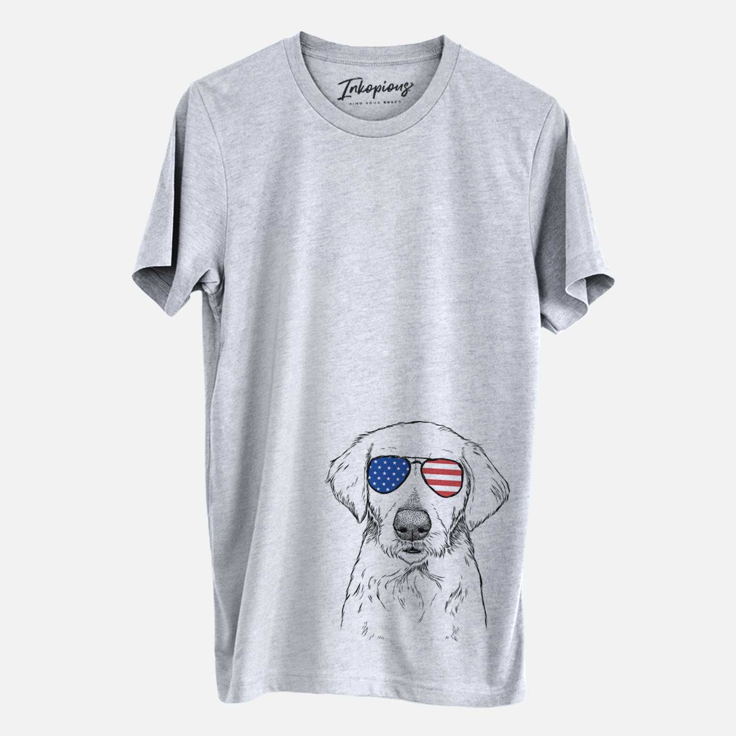 Hand-drawn sketch of Marley Sue the Labradoodle wearing American flag sunglasses on a Grey Unisex crewneck