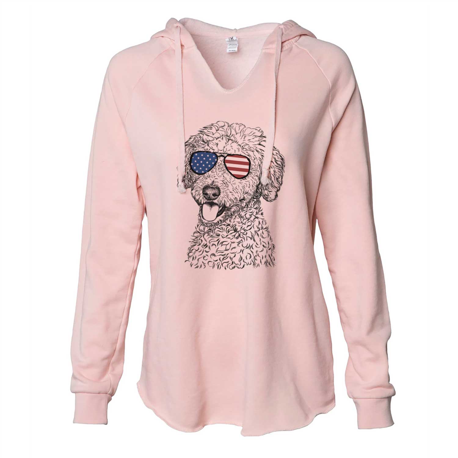 Hand-drawn sketch of Marlow the Goldendoodle wearing American flag sunglasses on a Blush Cali Wave Hooded Sweatshirt