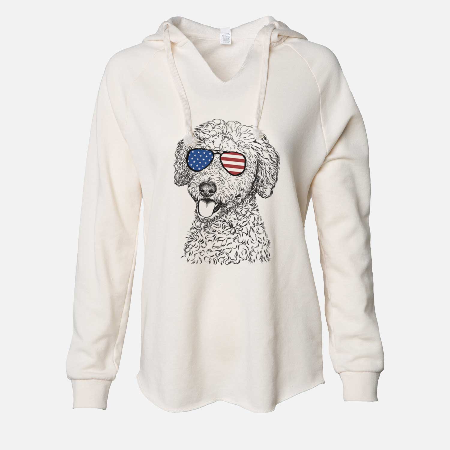 Hand-drawn sketch of Marlow the Goldendoodle wearing American flag sunglasses on a Bone Cali Wave Hooded Sweatshirt