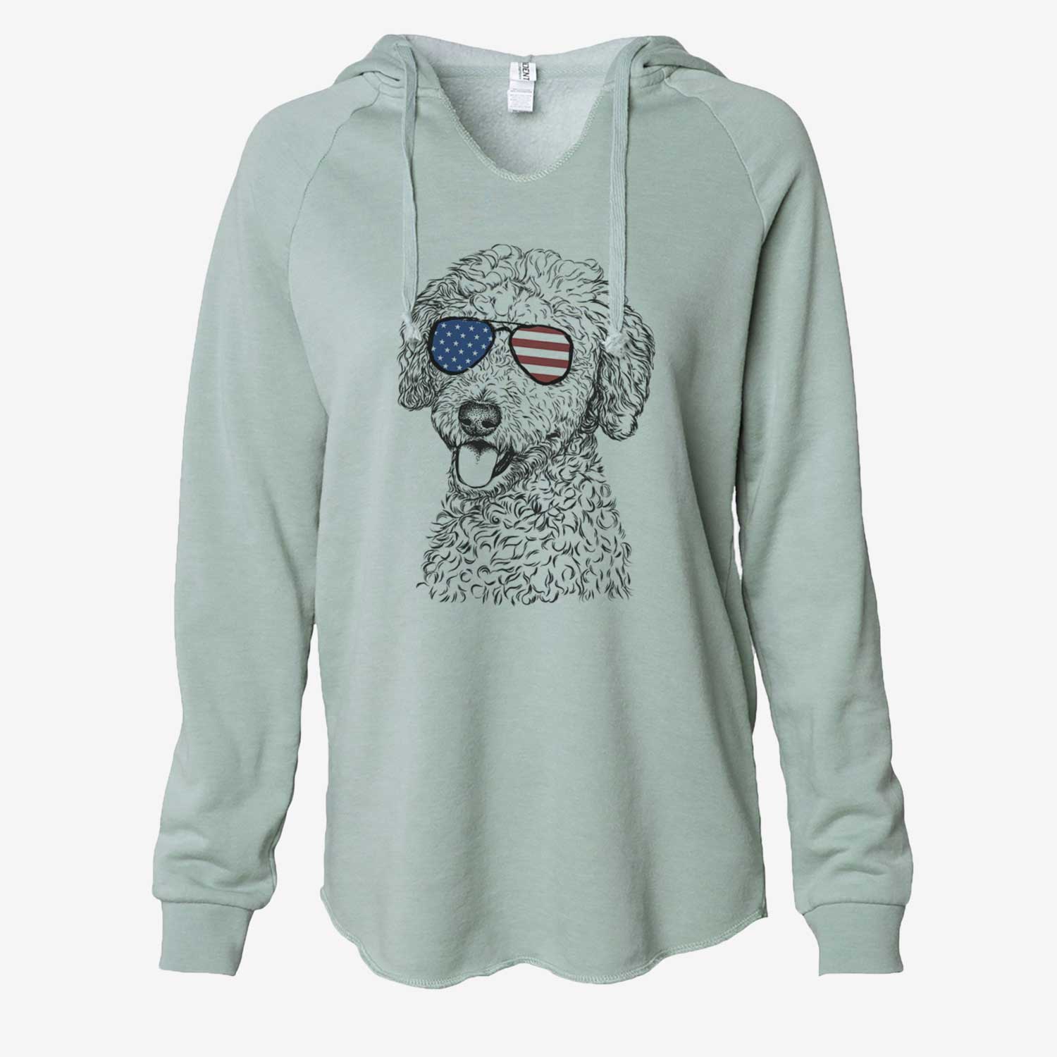 Hand-drawn sketch of Marlow the Goldendoodle wearing American flag sunglasses on a Sage Cali Wave Hooded Sweatshirt