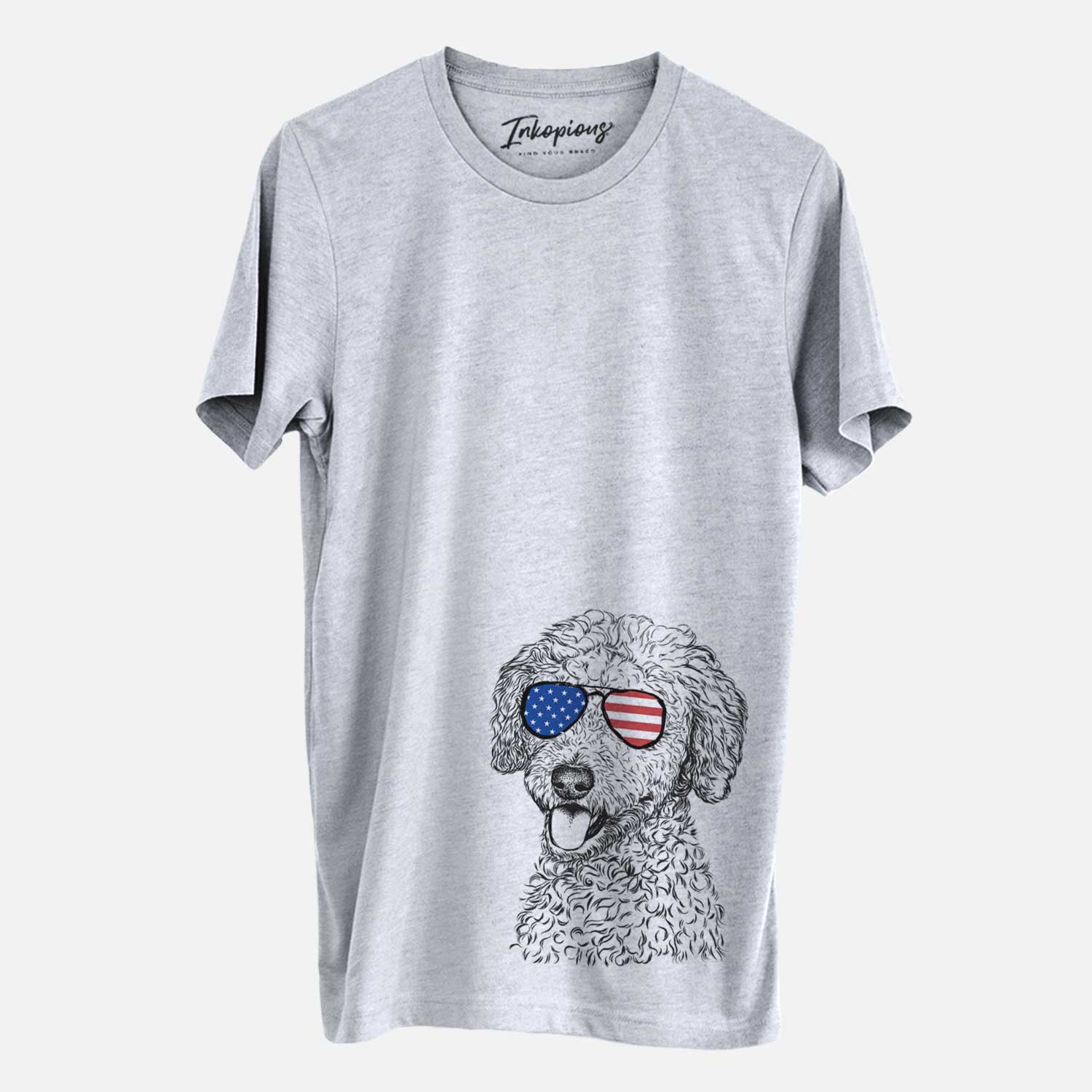 Hand-drawn sketch of Marlow the Goldendoodle wearing American flag sunglasses on a Grey Unisex crewneck