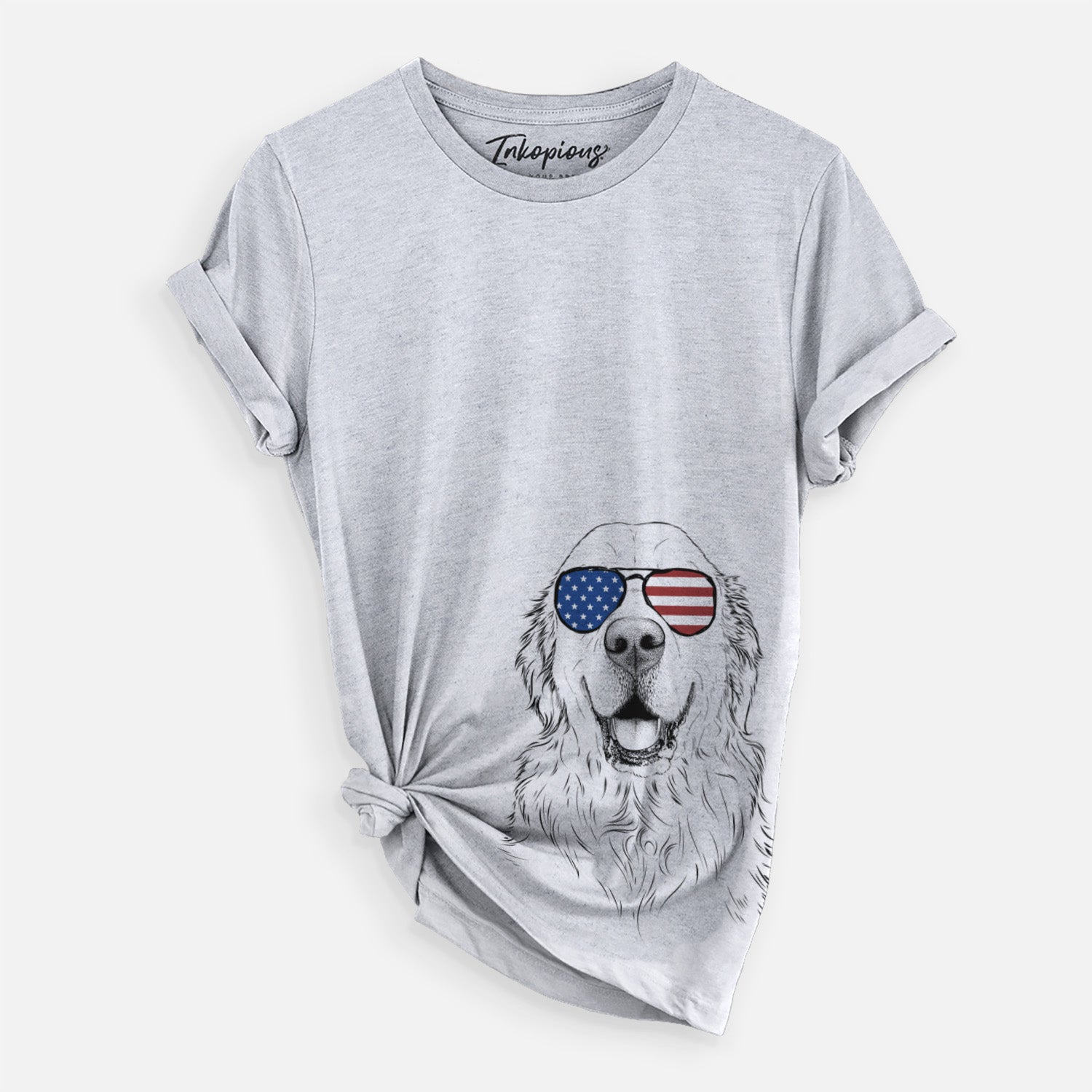Hand-drawn sketch of Maximus the Golden Retriever wearing American flag sunglasses on a Grey Unisex crewneck
