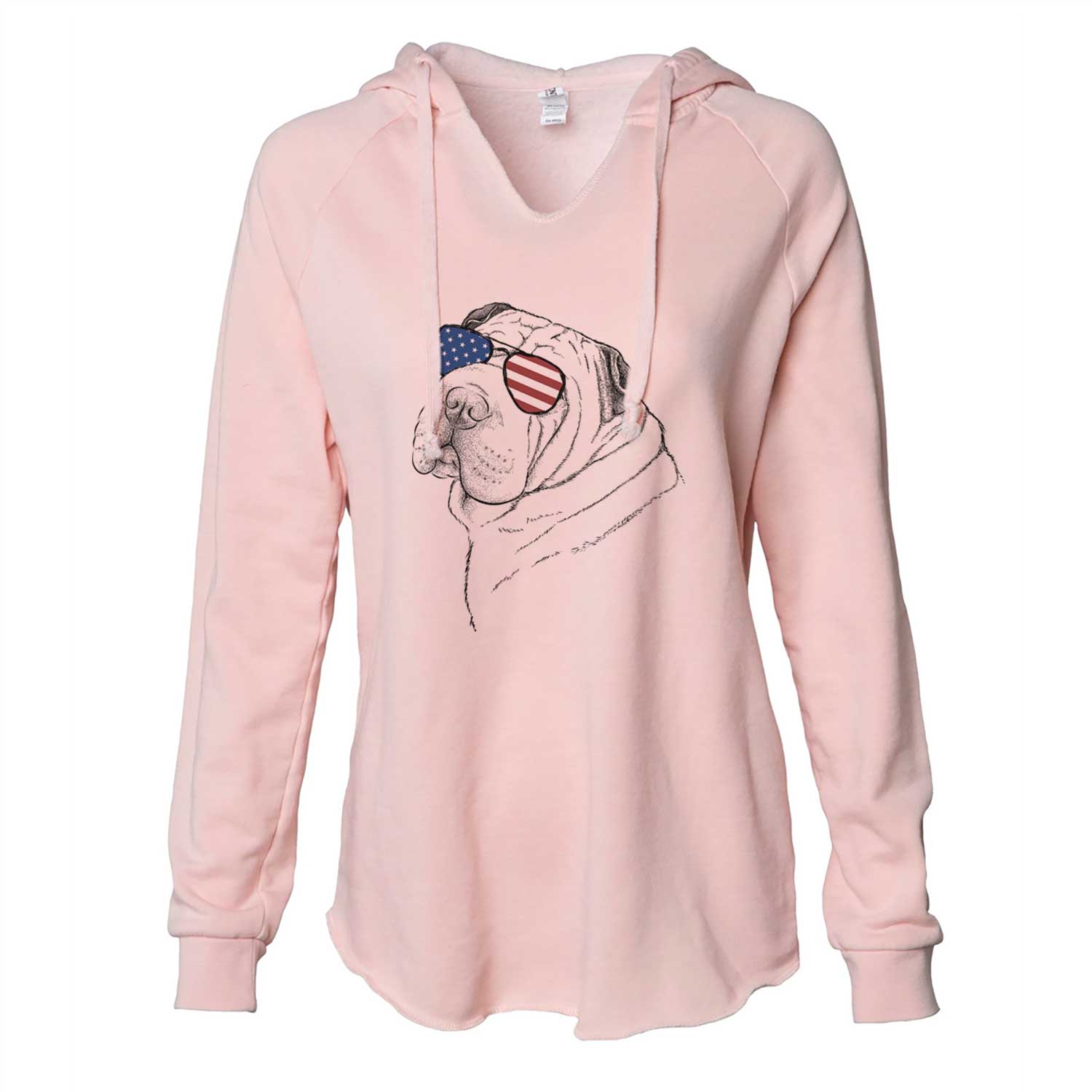 Hand-drawn sketch of Maximus the Shar Pei wearing American flag sunglasses on a Blush Cali Wave Hooded Sweatshirt