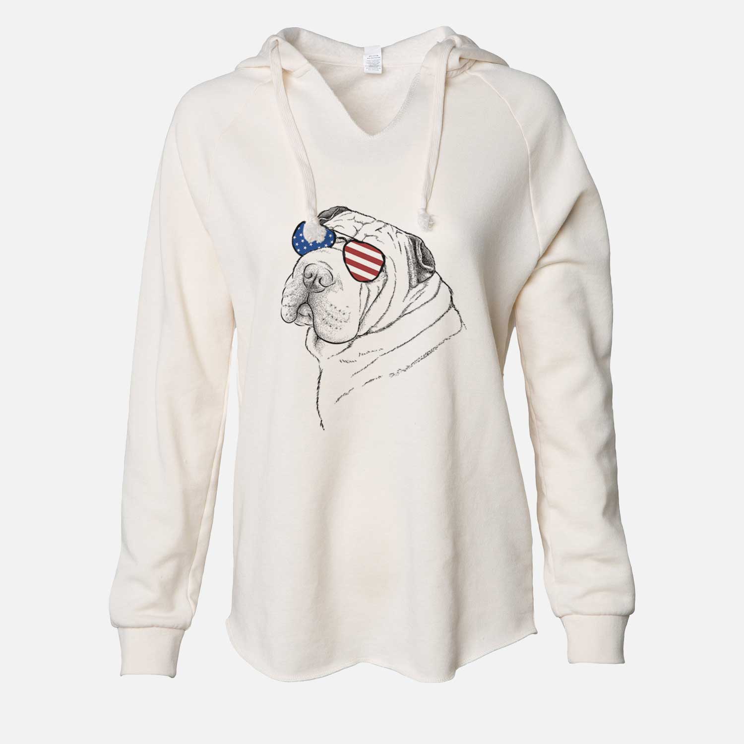Hand-drawn sketch of Maximus the Shar Pei wearing American flag sunglasses on a Bone Cali Wave Hooded Sweatshirt
