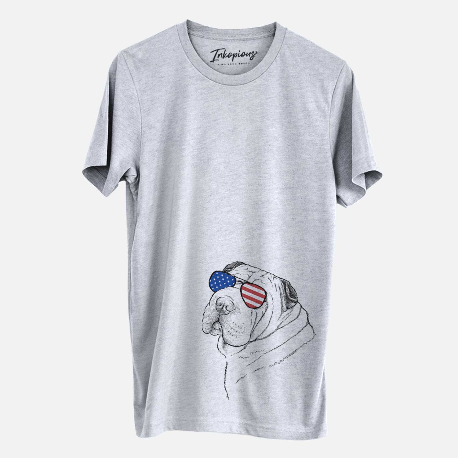 Hand-drawn sketch of Maximus the Shar Pei wearing American flag sunglasses on a Grey Unisex crewneck