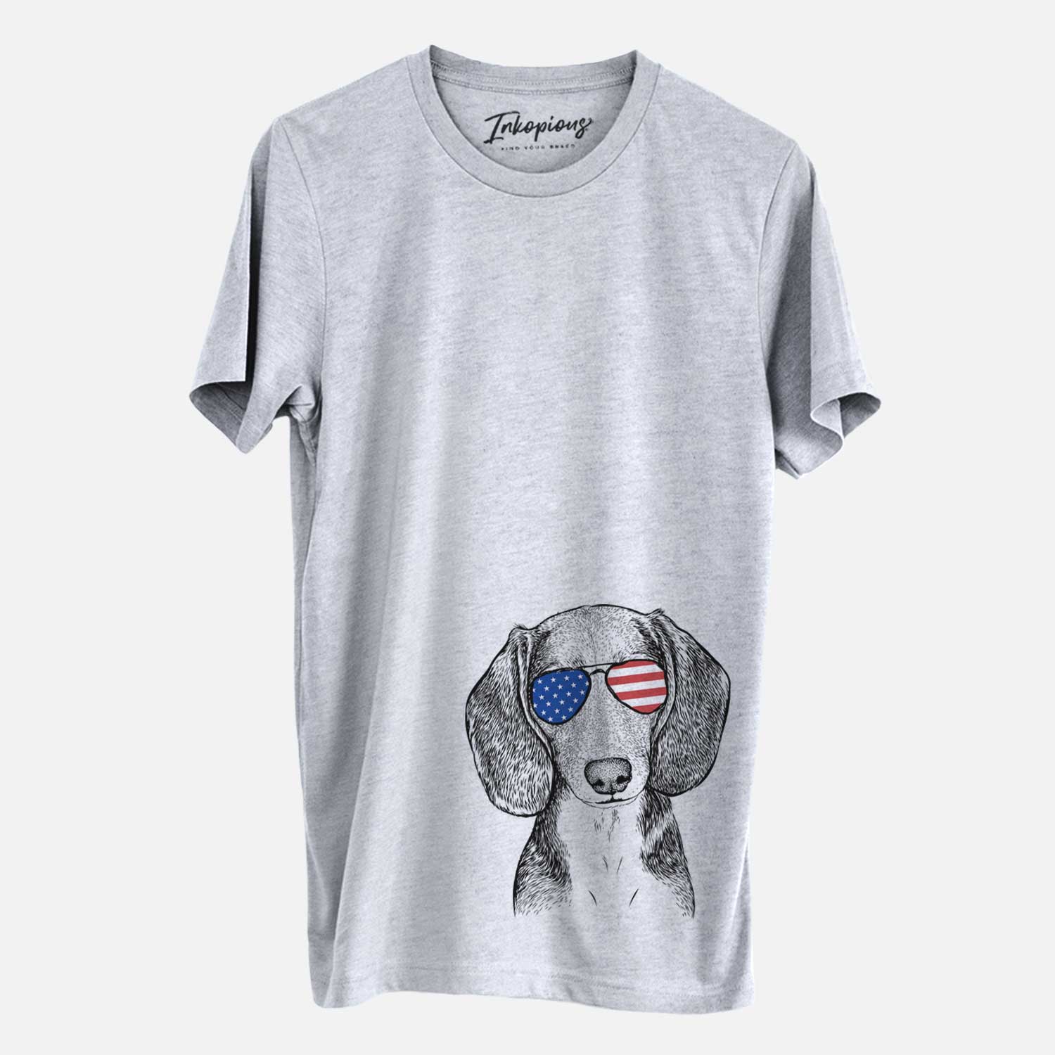 Hand-drawn sketch of Mayor Andy the Beagle wearing American flag sunglasses on a Grey Unisex crewneck