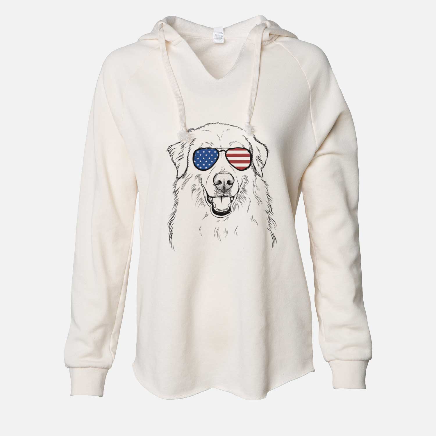 Hand-drawn sketch of Meg the Great Pyrenees wearing American flag sunglasses on a Bone Cali Wave Hooded Sweatshirt