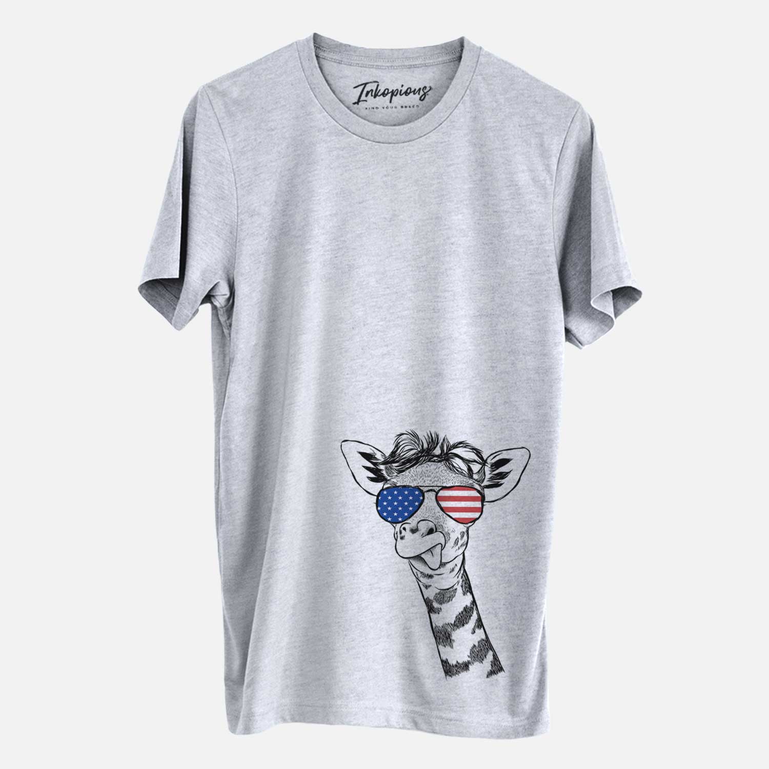 Hand-drawn sketch of Mel the Baby Giraffe wearing American flag sunglasses on a Grey Unisex crewneck