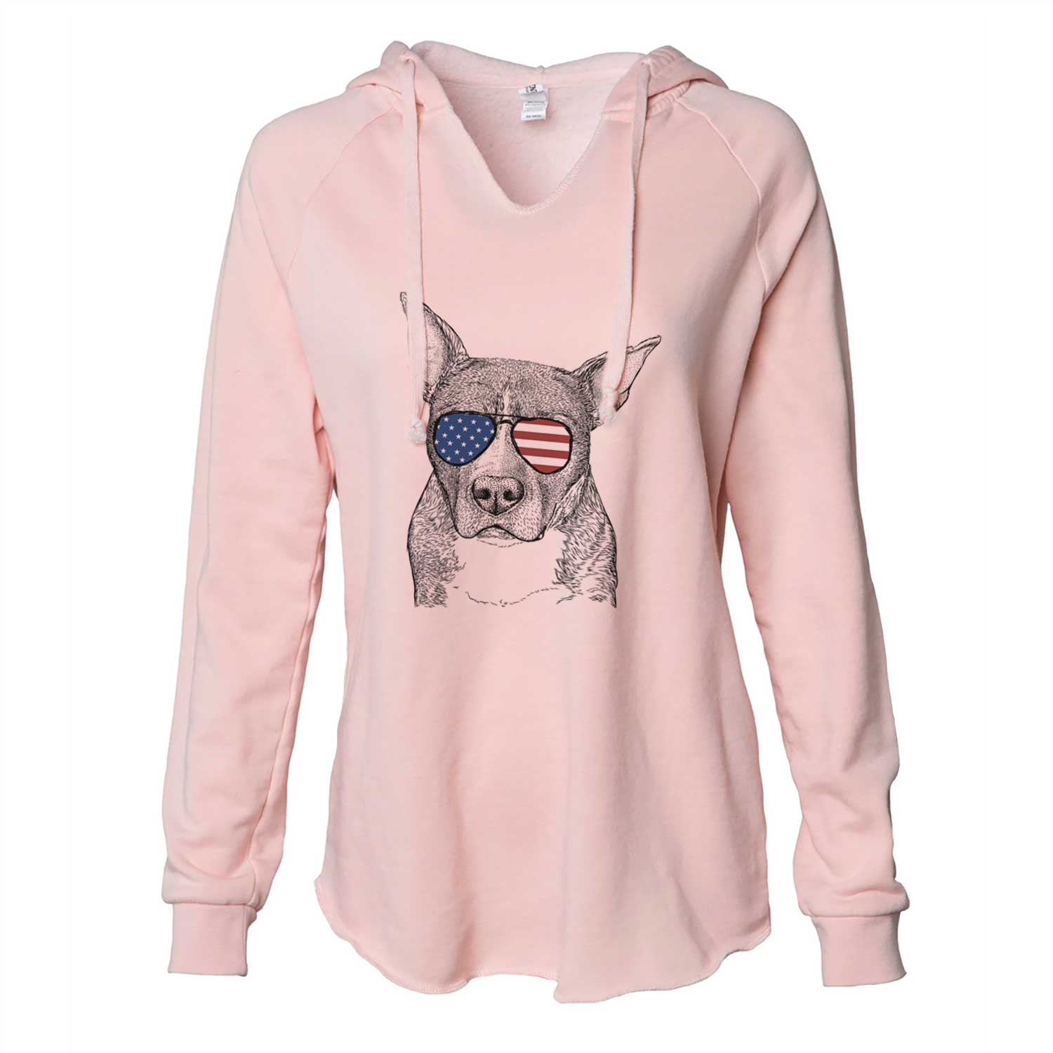 Hand-drawn sketch of Mercy the Pitbull wearing American flag sunglasses on a Blush Cali Wave Hooded Sweatshirt