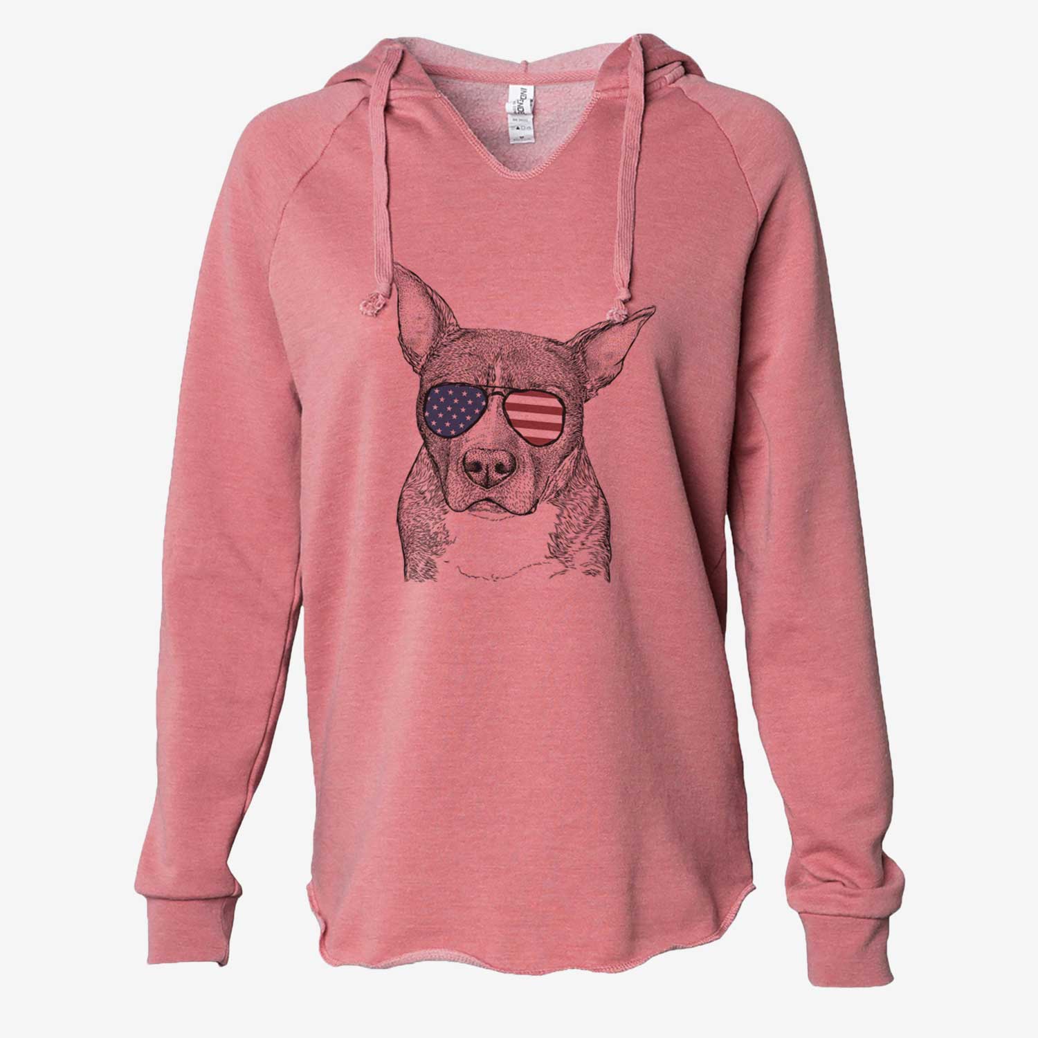 Hand-drawn sketch of Mercy the Pitbull wearing American flag sunglasses on a Dusty Rose Cali Wave Hooded Sweatshirt