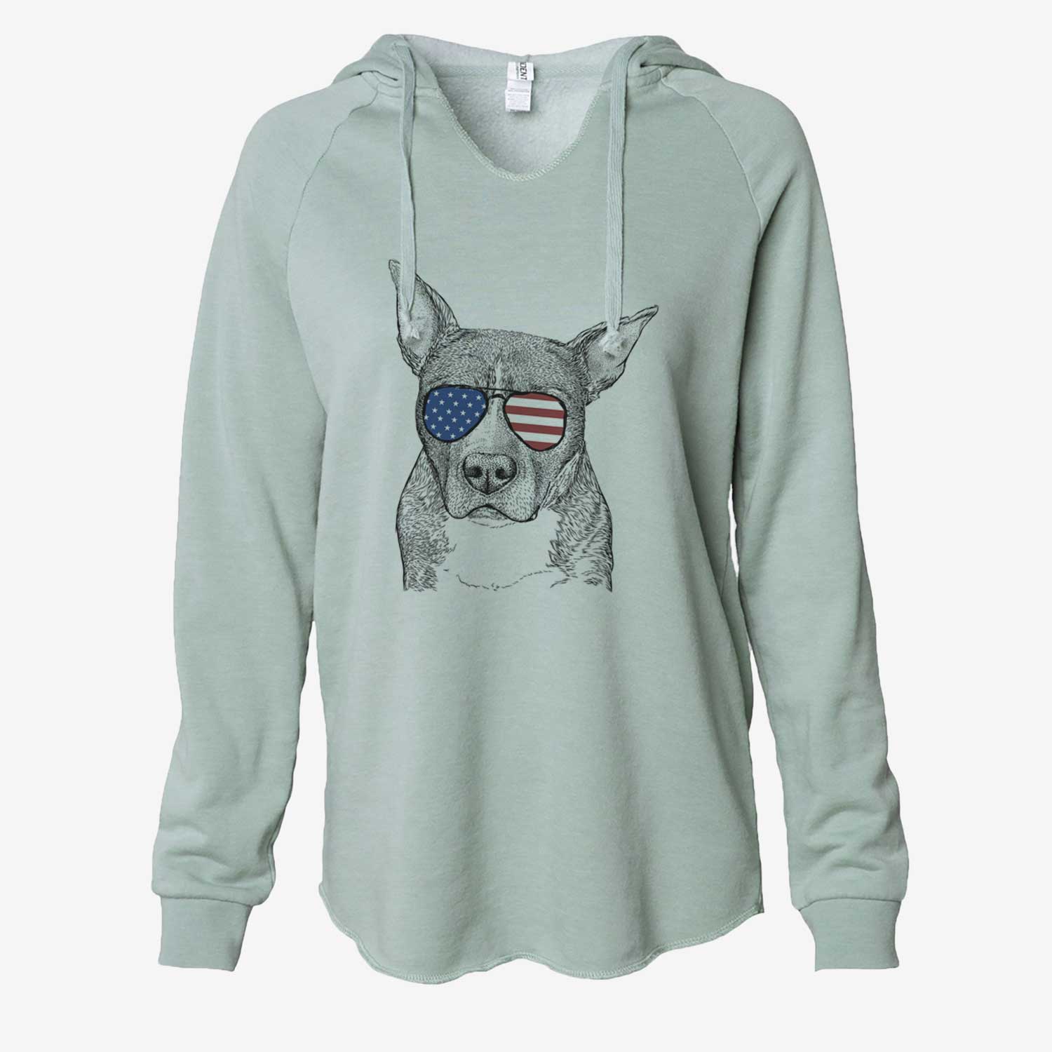 Hand-drawn sketch of Mercy the Pitbull wearing American flag sunglasses on a Sage Cali Wave Hooded Sweatshirt
