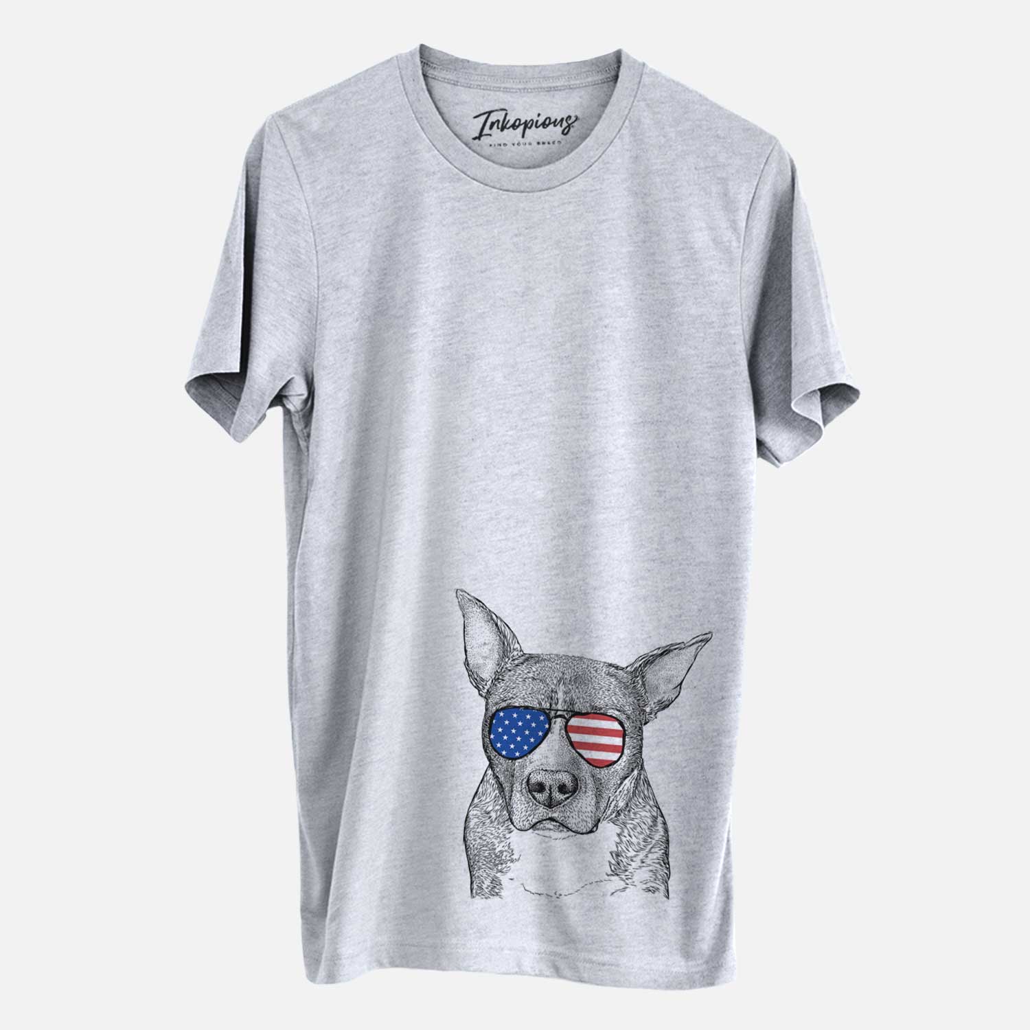 Hand-drawn sketch of Mercy the Pitbull wearing American flag sunglasses on a Grey Unisex crewneck