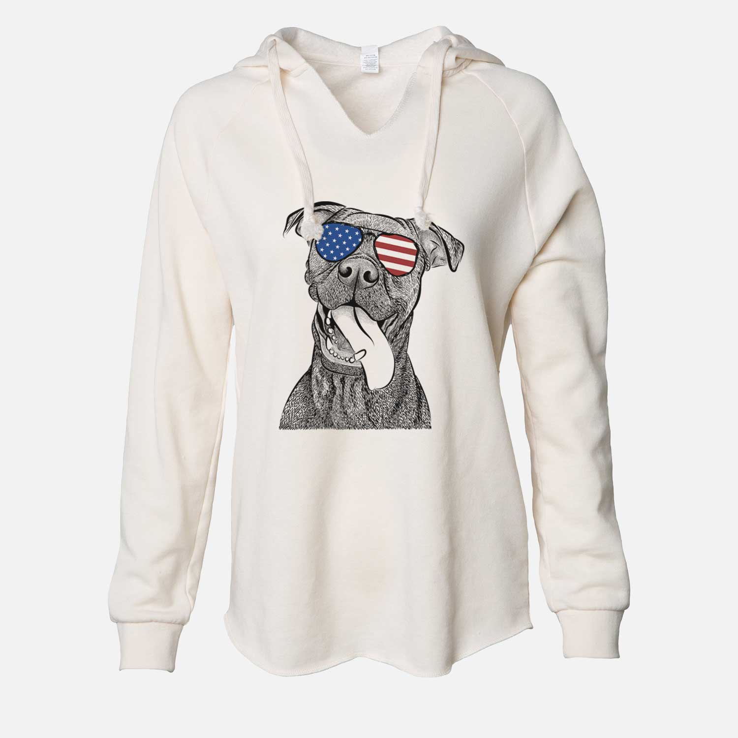 Hand-drawn sketch of Mikey the Boxador wearing American flag sunglasses on a Bone Cali Wave Hooded Sweatshirt