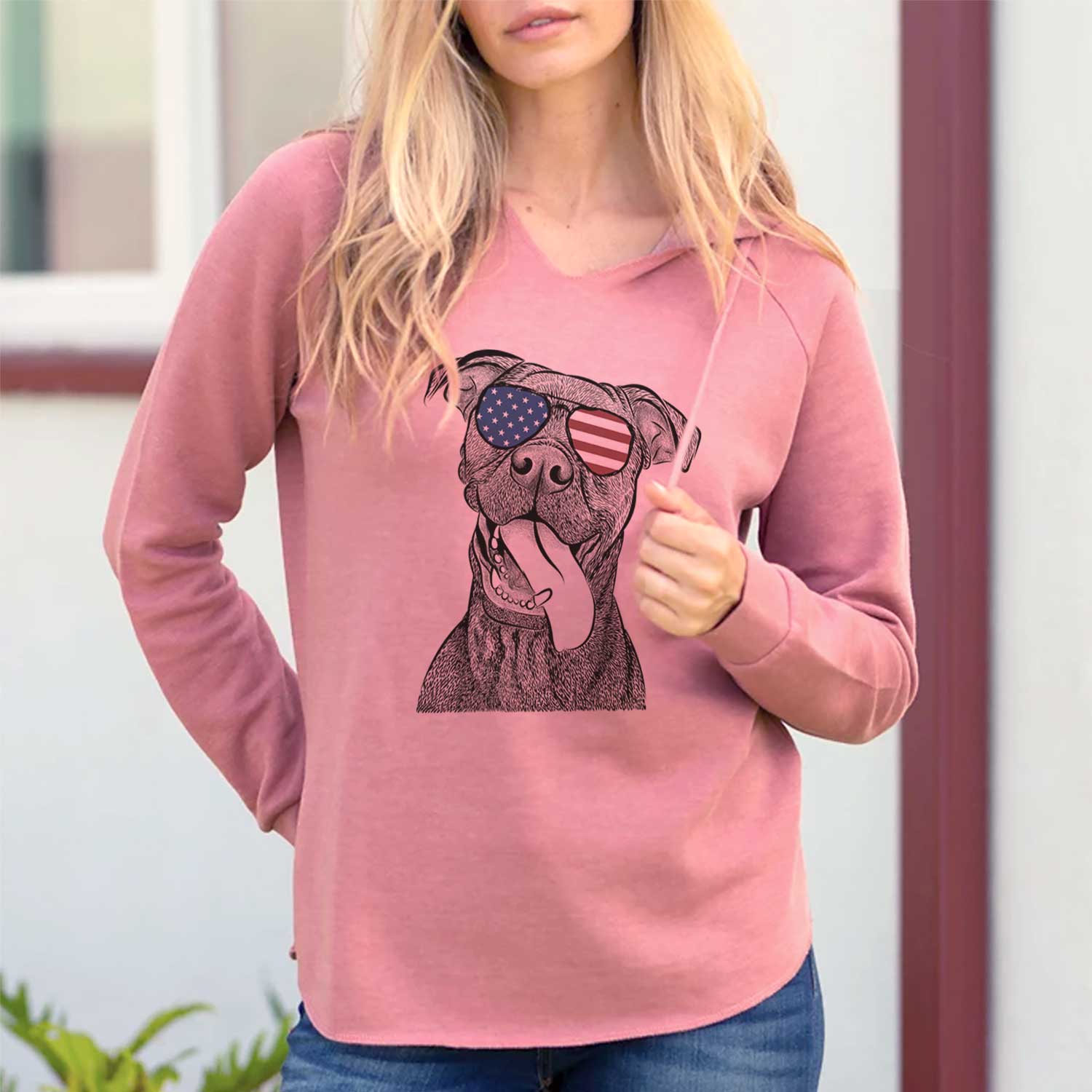 Hand-drawn sketch of Mikey the Boxador wearing American flag sunglasses on a Dusty Rose Cali Wave Hooded Sweatshirt, lifestyle photo