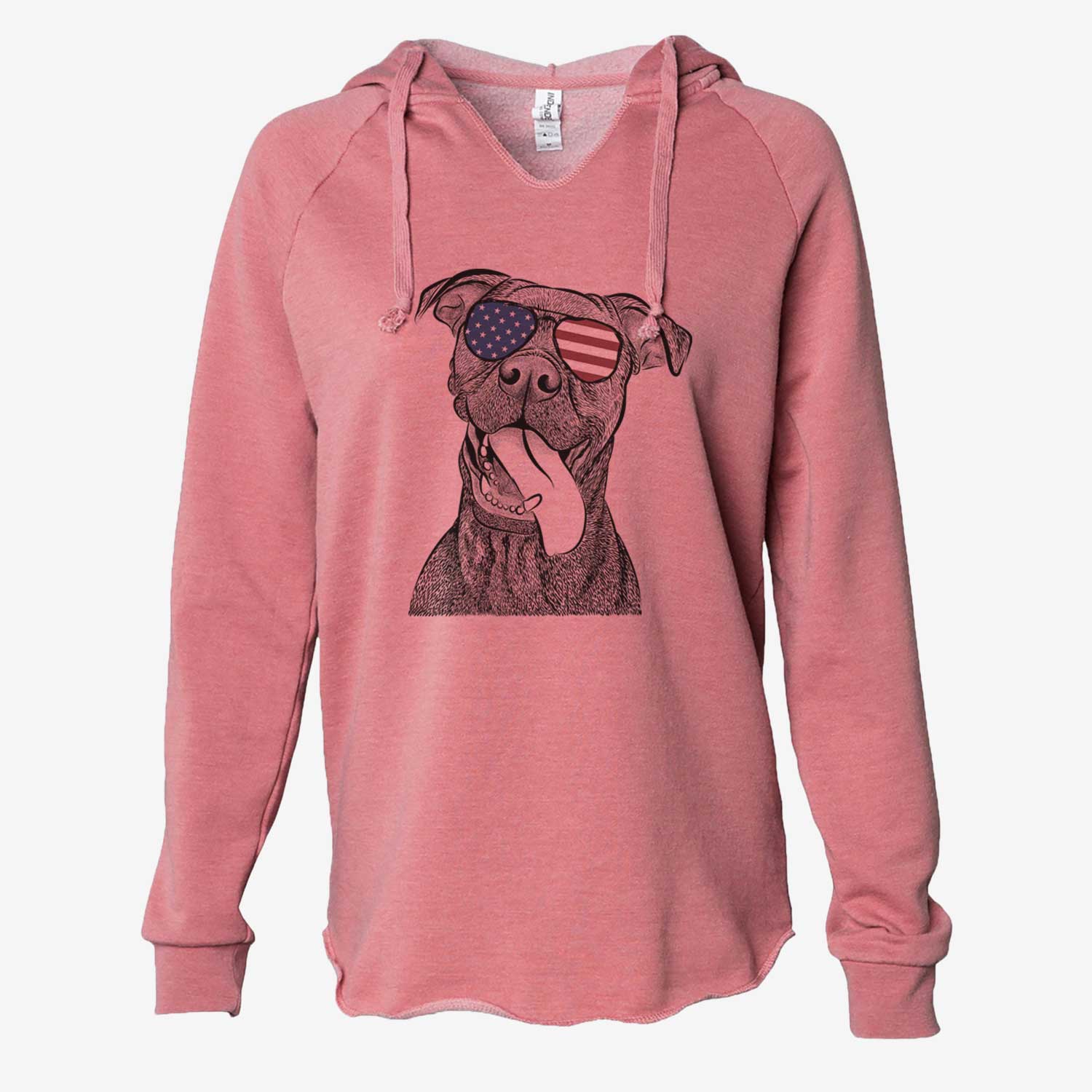 Hand-drawn sketch of Mikey the Boxador wearing American flag sunglasses on a Dusty Rose Cali Wave Hooded Sweatshirt