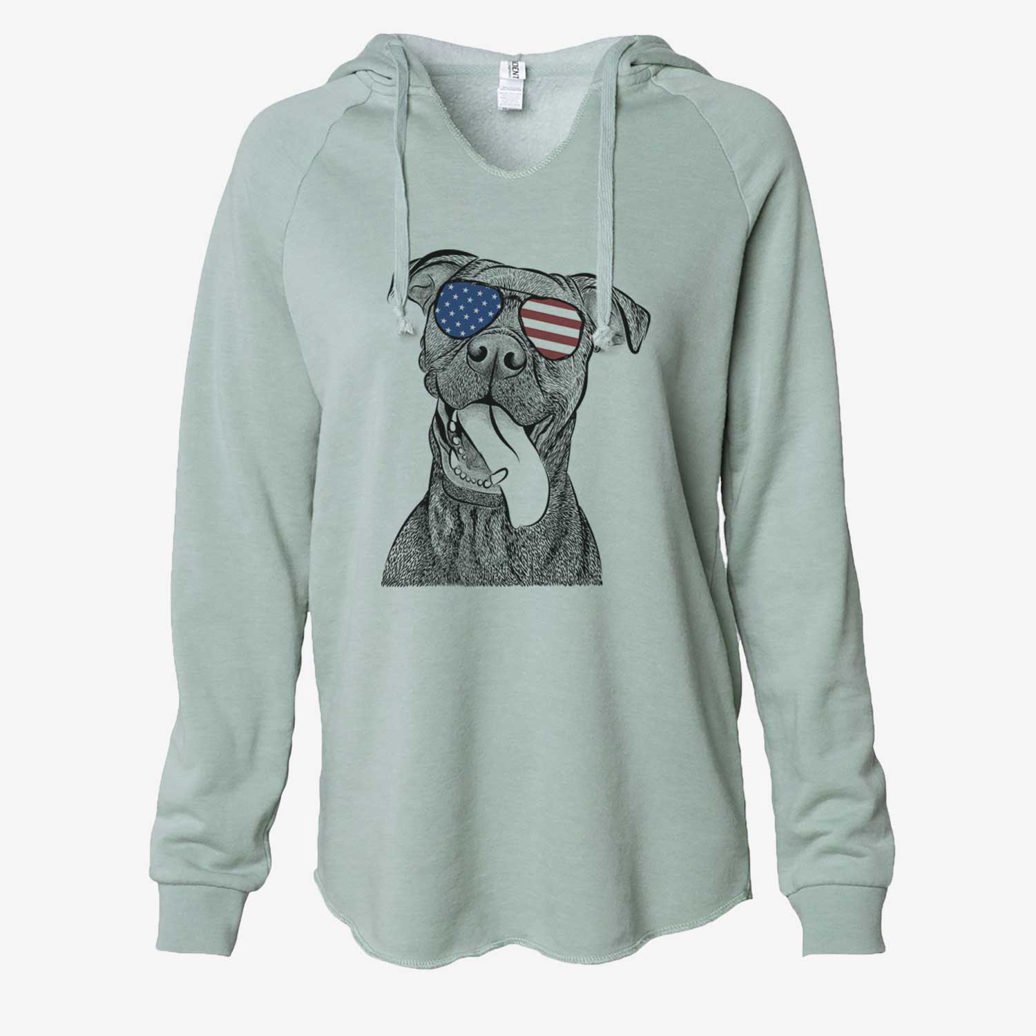 Hand-drawn sketch of Mikey the Boxador wearing American flag sunglasses on a Sage Cali Wave Hooded Sweatshirt