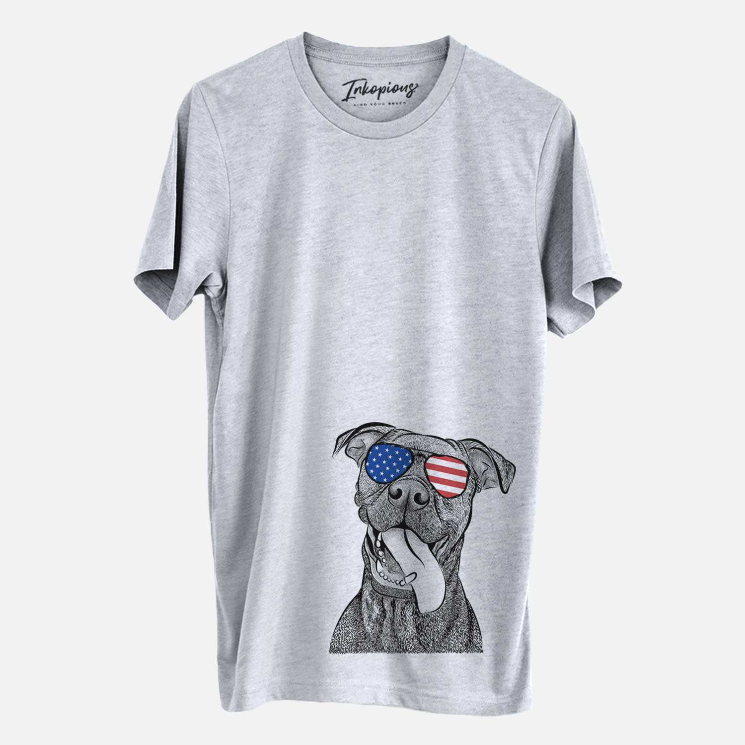 Hand-drawn sketch of Mikey the Boxador wearing American flag sunglasses on a Grey Unisex crewneck