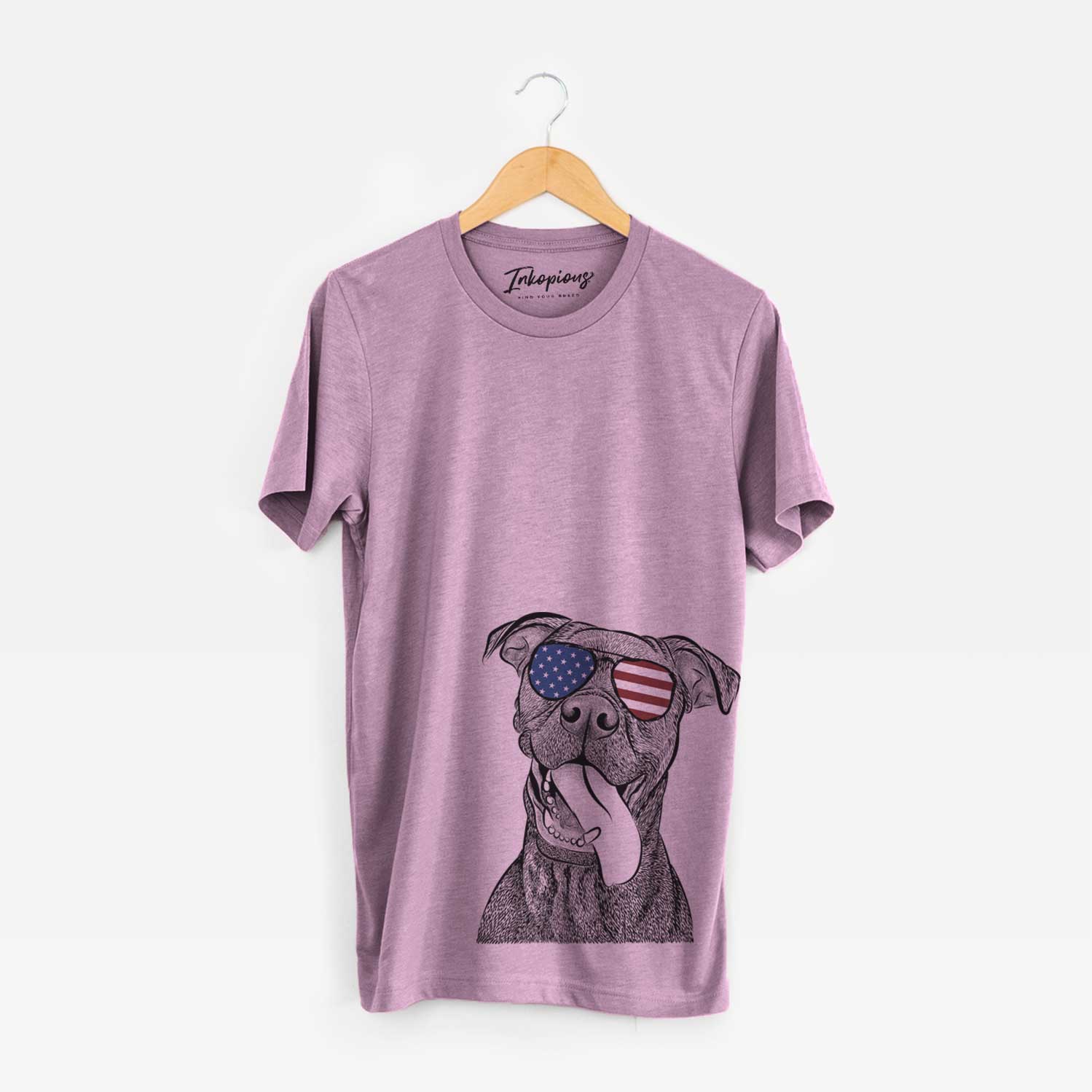 Hand-drawn sketch of Mikey the Boxador wearing American flag sunglasses on an Orchid Unisex crewneck