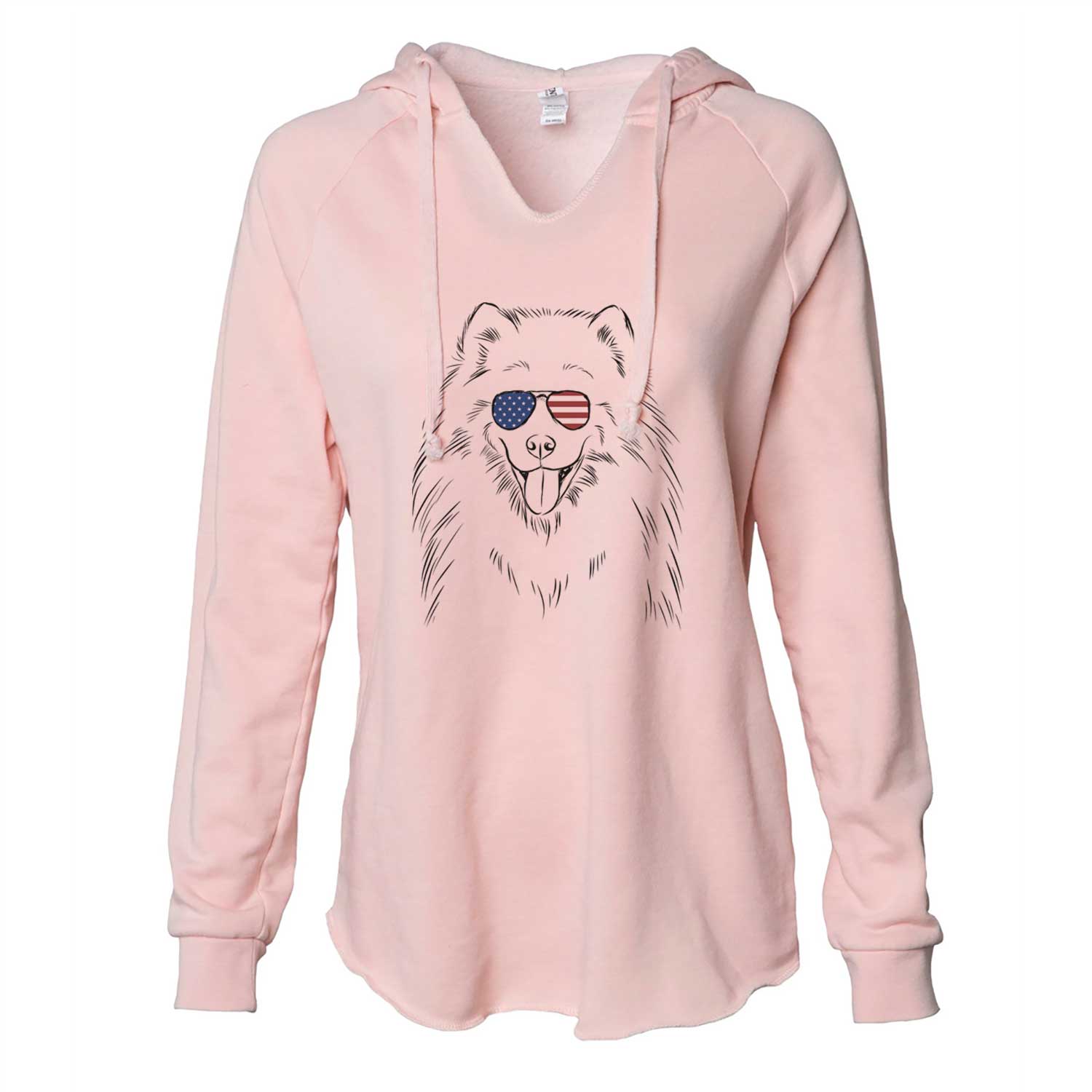 Hand-drawn sketch of Mikko the Samoyed wearing American flag sunglasses on a Blush Cali Wave Hooded Sweatshirt